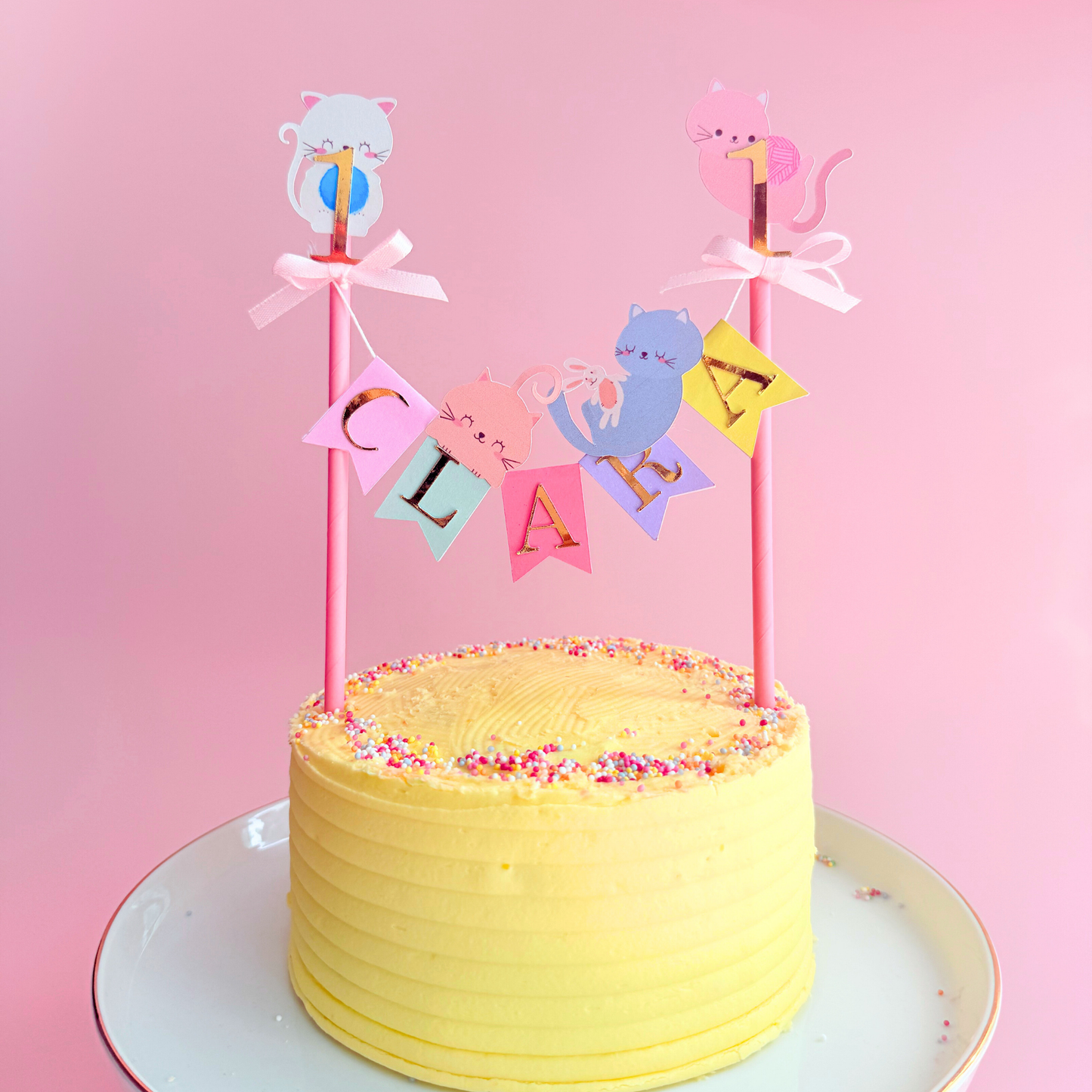 Personalised pastel rainbow cats birthday cake topper