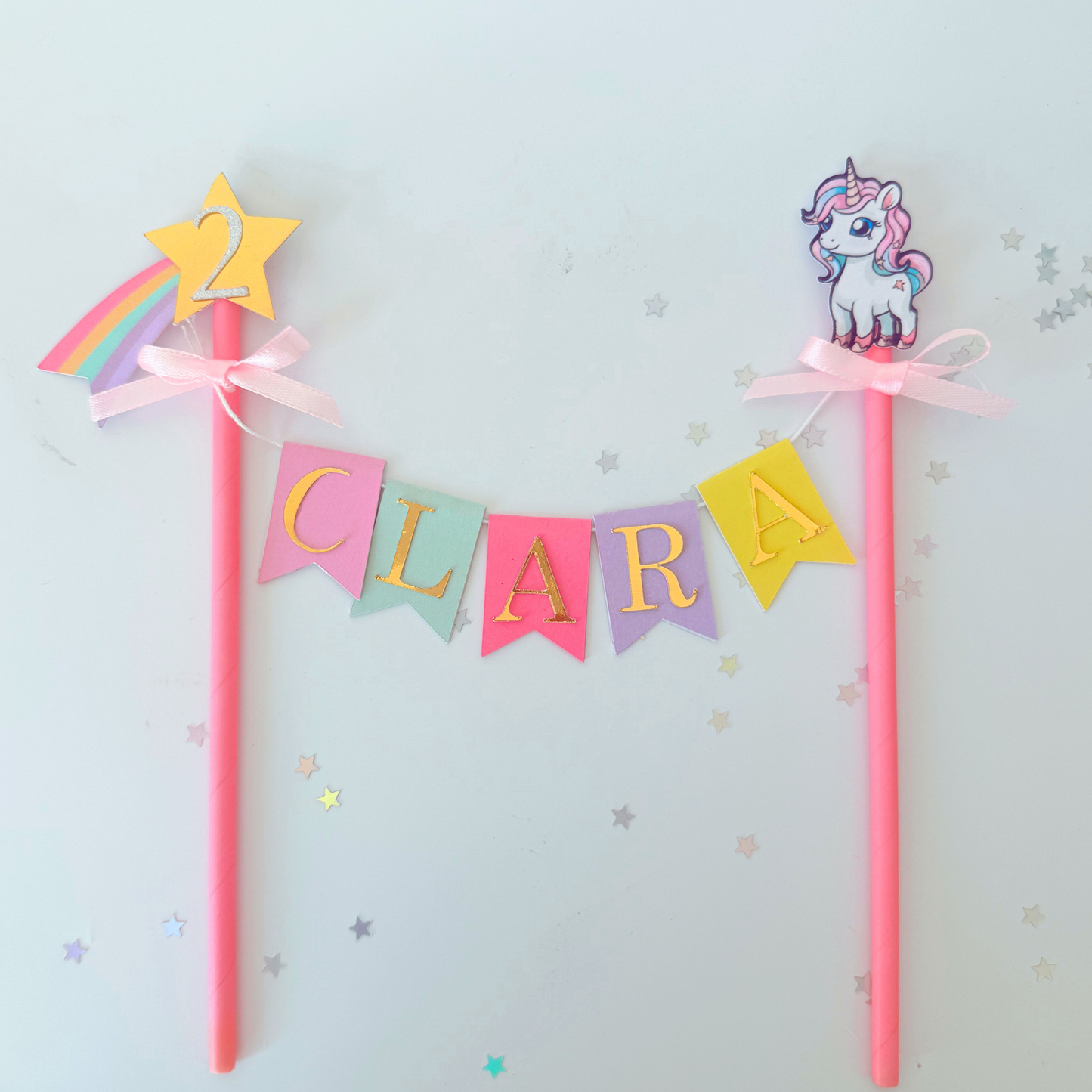 Personalised rainbow shooting star and unicorn birthday cake topper