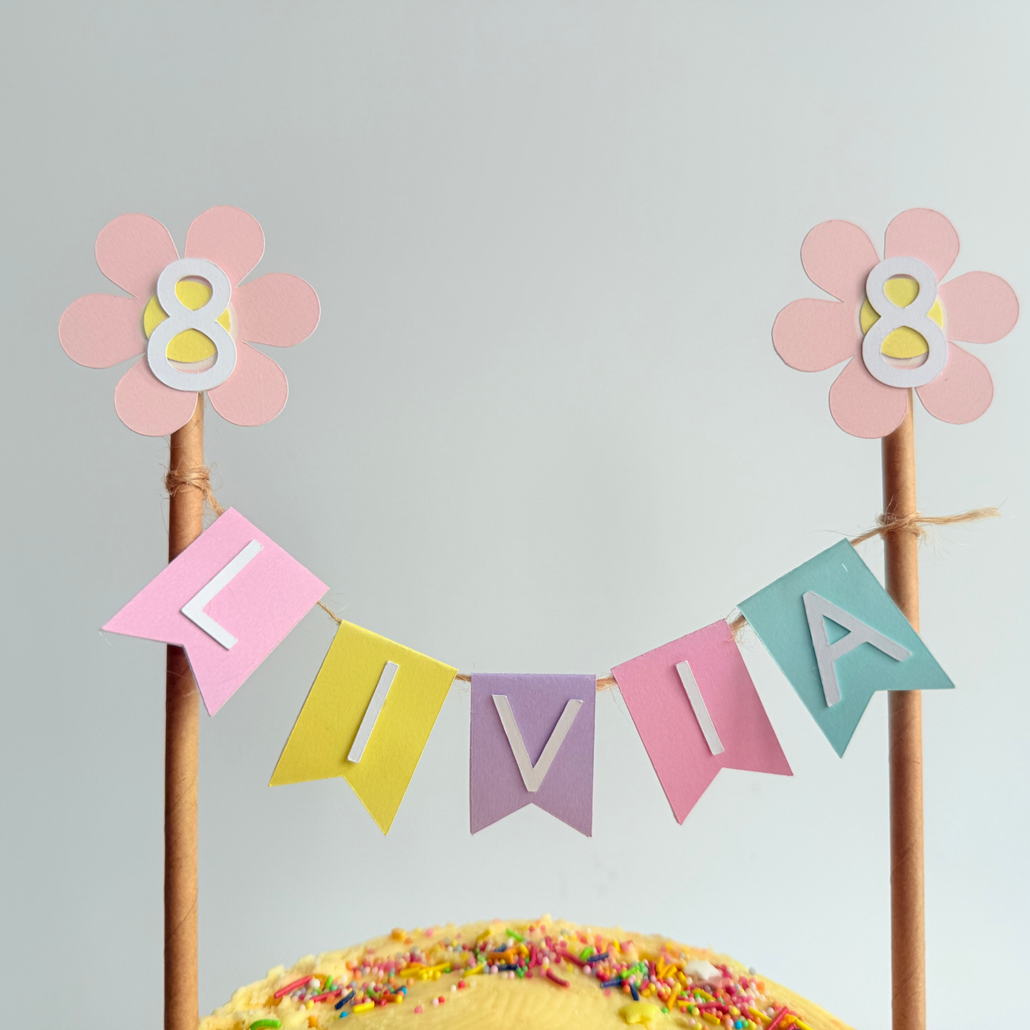 Personalised handmade natural pink daisy flowers birthday cake topper