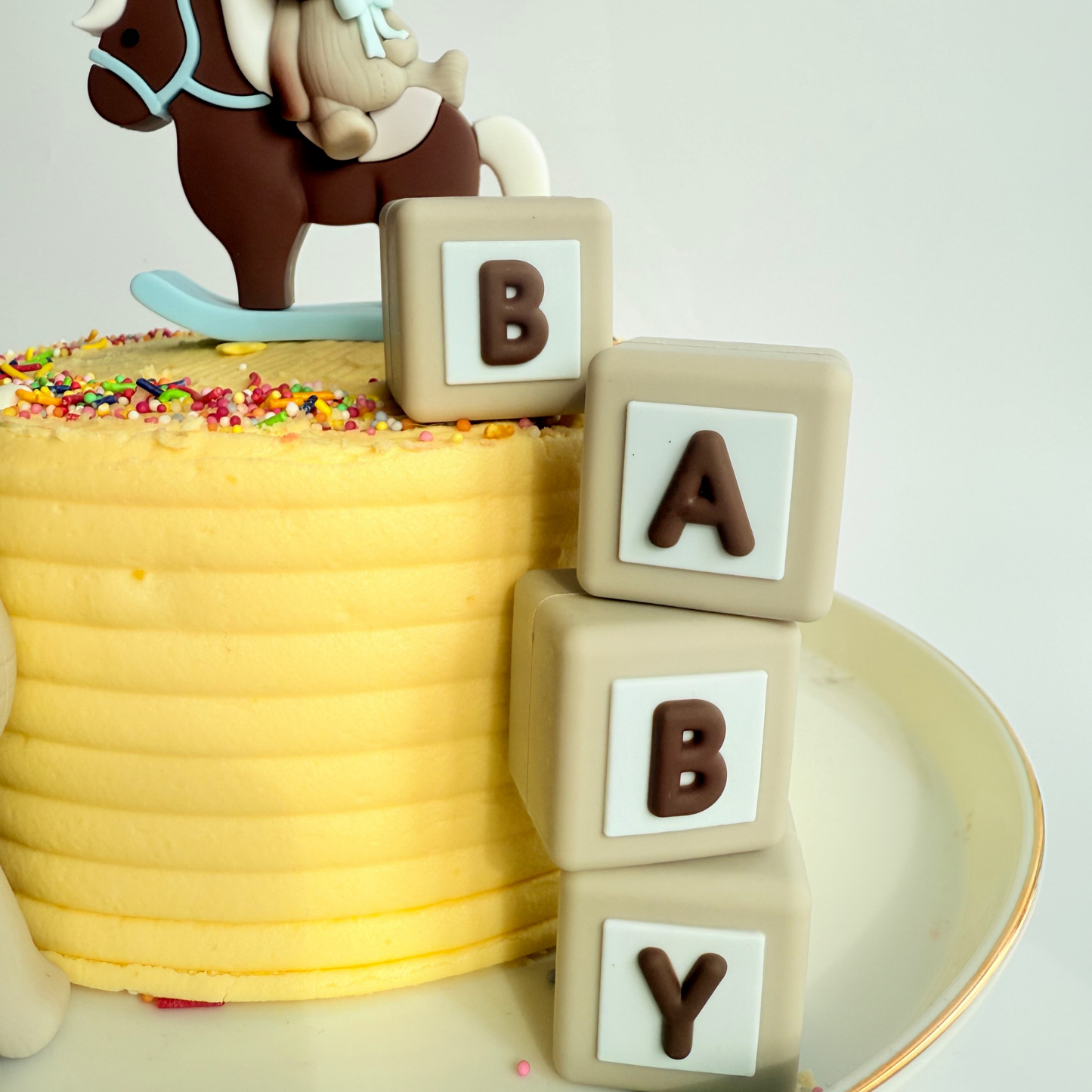 Baby shower blue and chocolate teddy bear blocks boys girls cake topper set