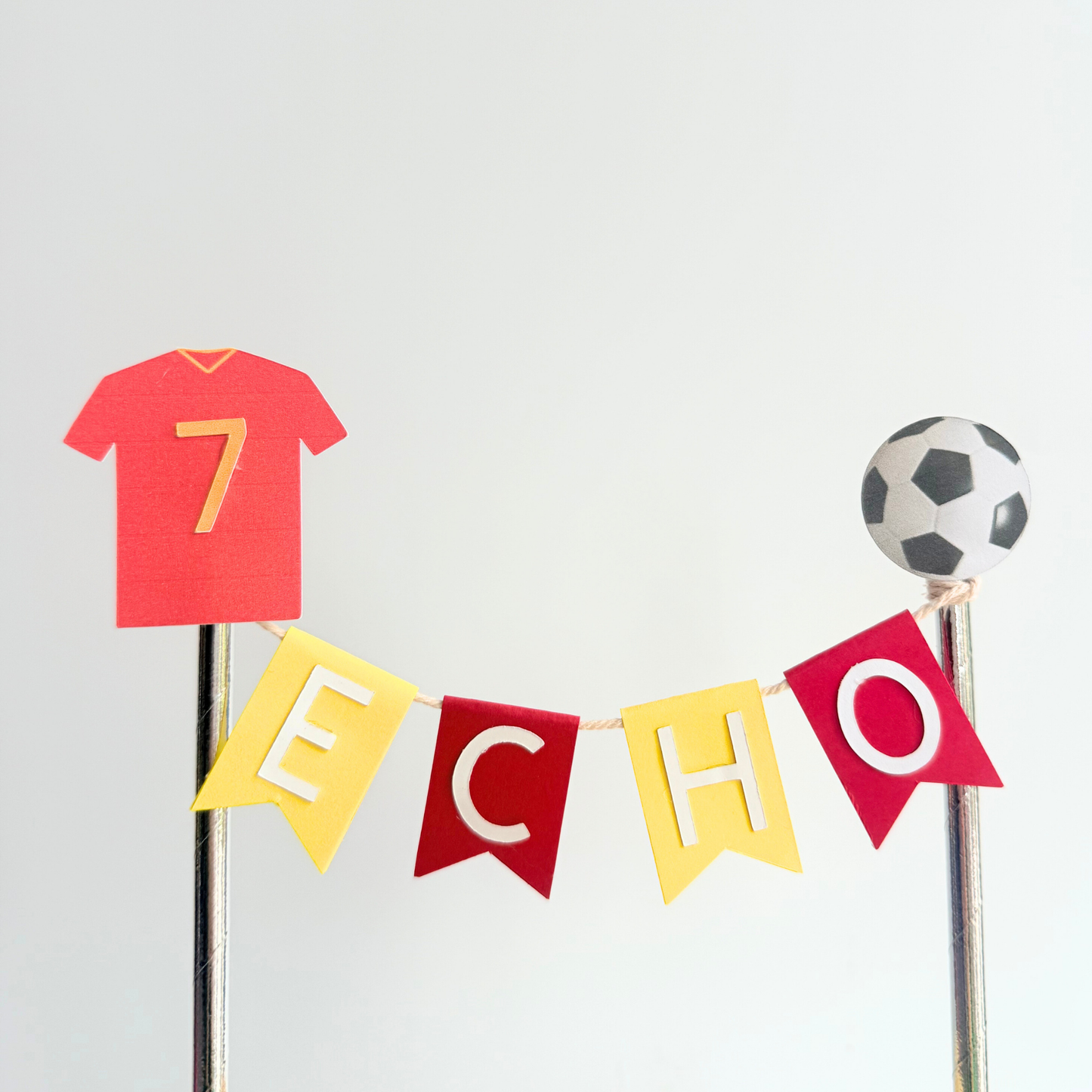 Personalised red and yellow football soccer t shirt themed birthday cake topper