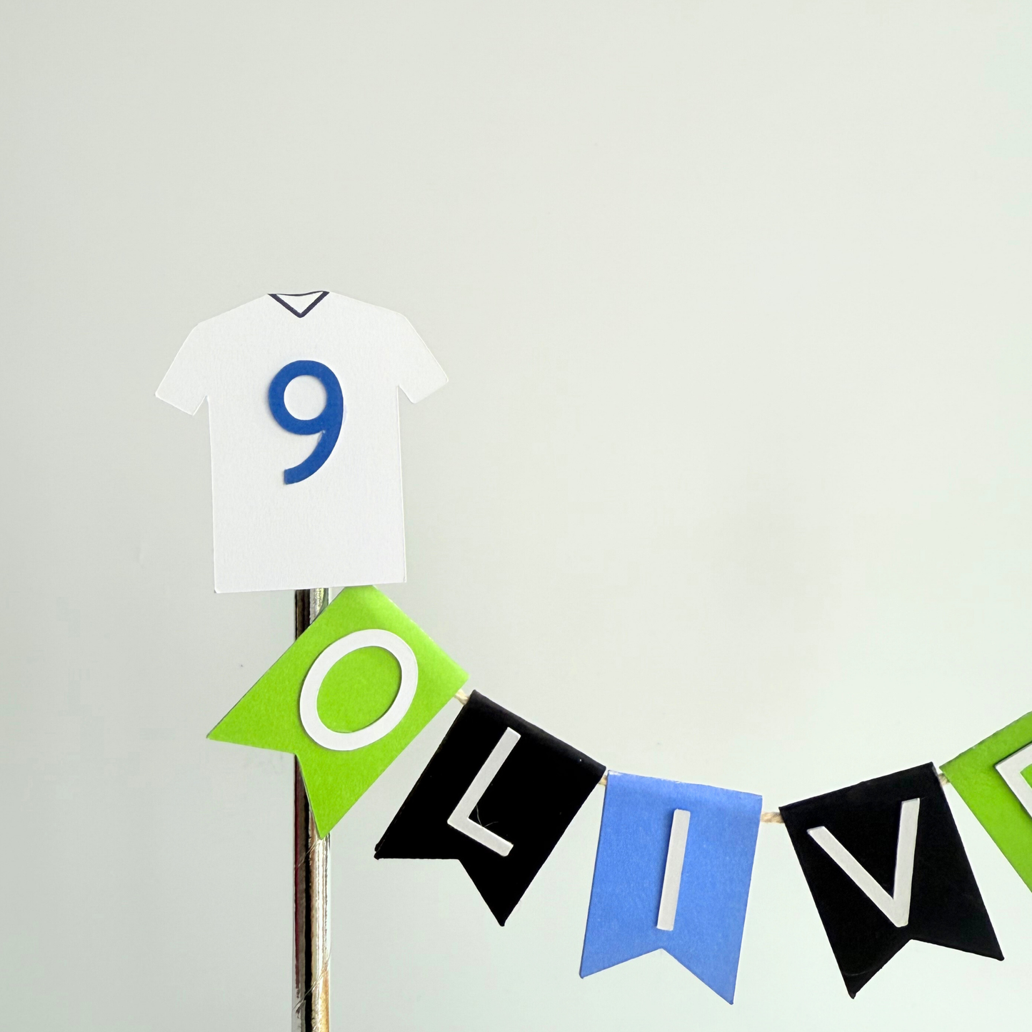 Personalised blue green white football soccer dark t shirt themed birthday cake topper