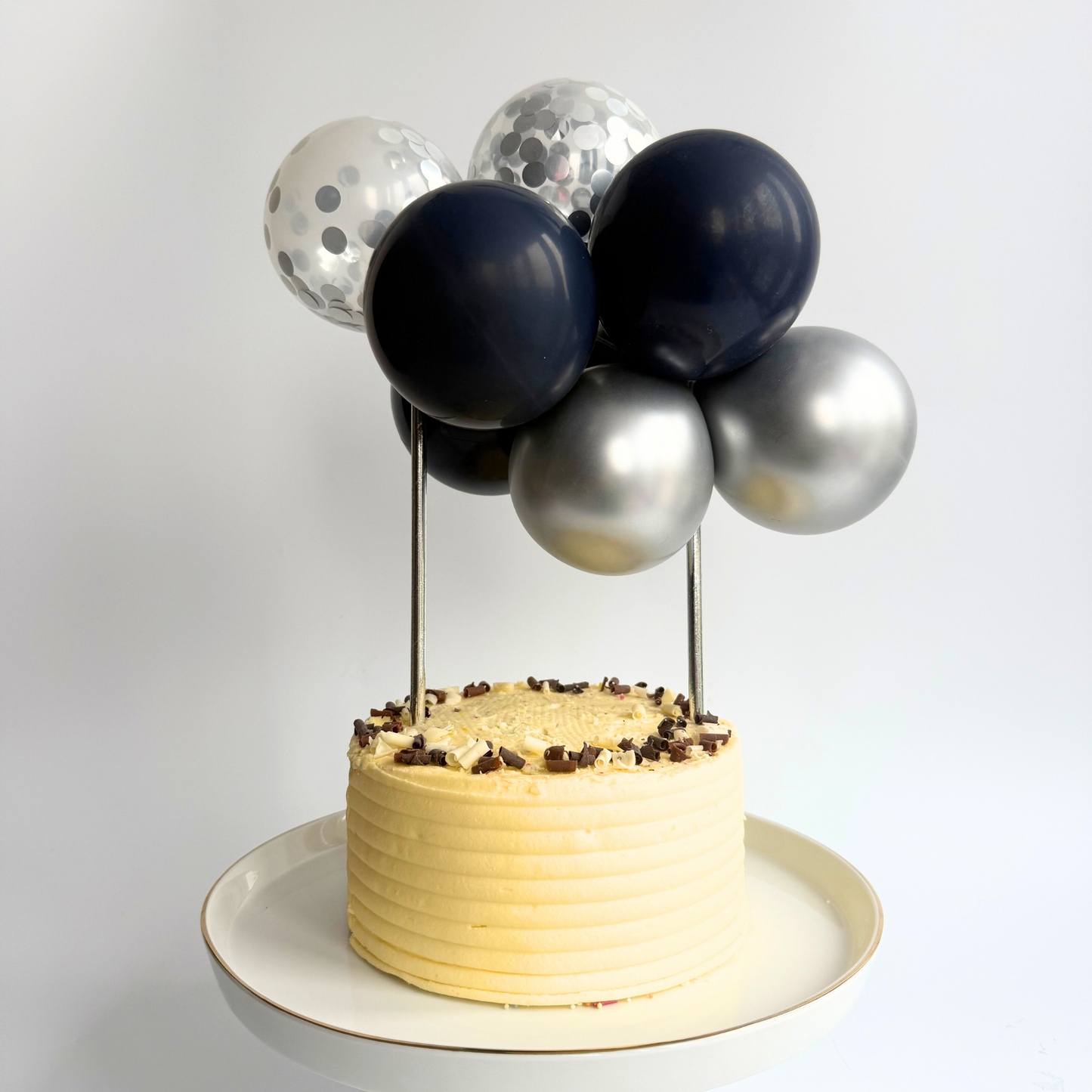 Navy silver confetti balloon cake topper