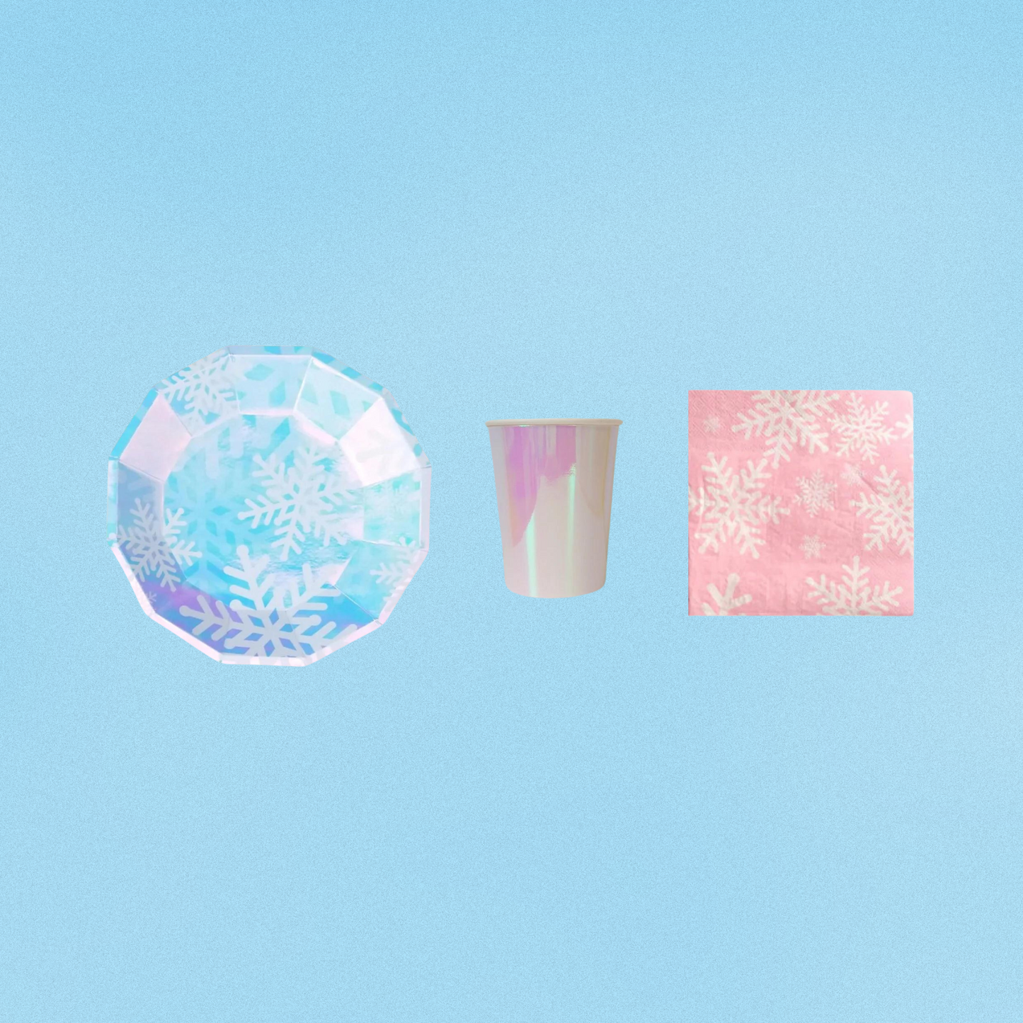 8-pack iridescent snowflakes paper plates cups set - TheLittleStuff