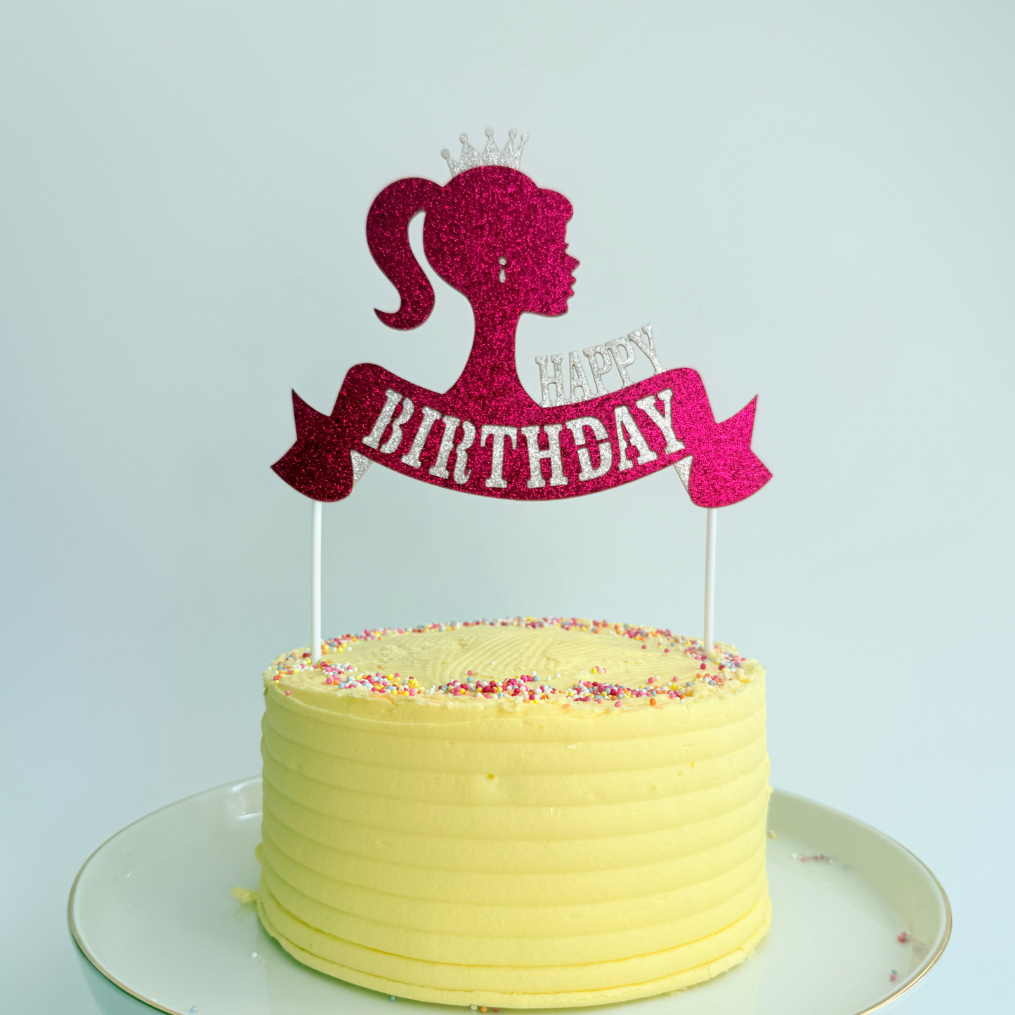 Barbie girl style hot pink glittery simple cake topper birthday cake decor