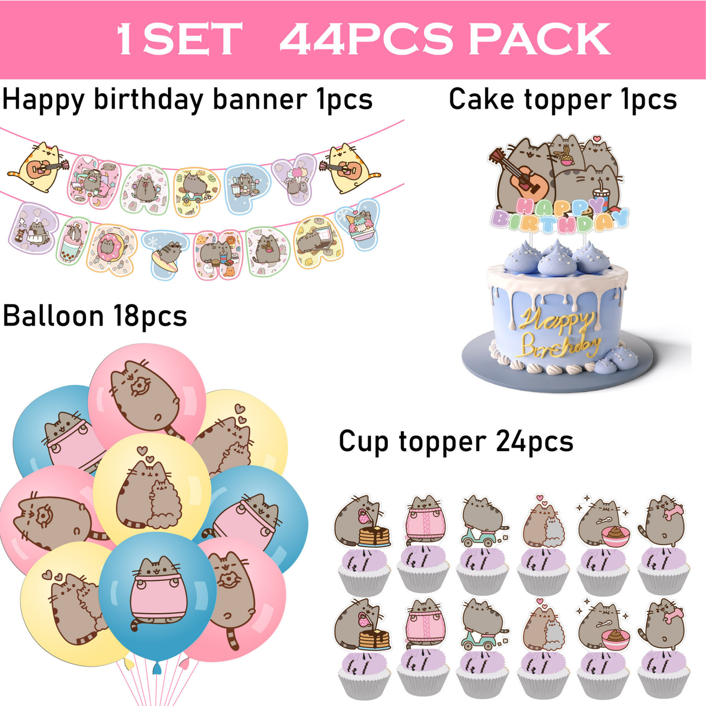 Cat birthday balloon bunting banner cake topper set - TheLittleStuff