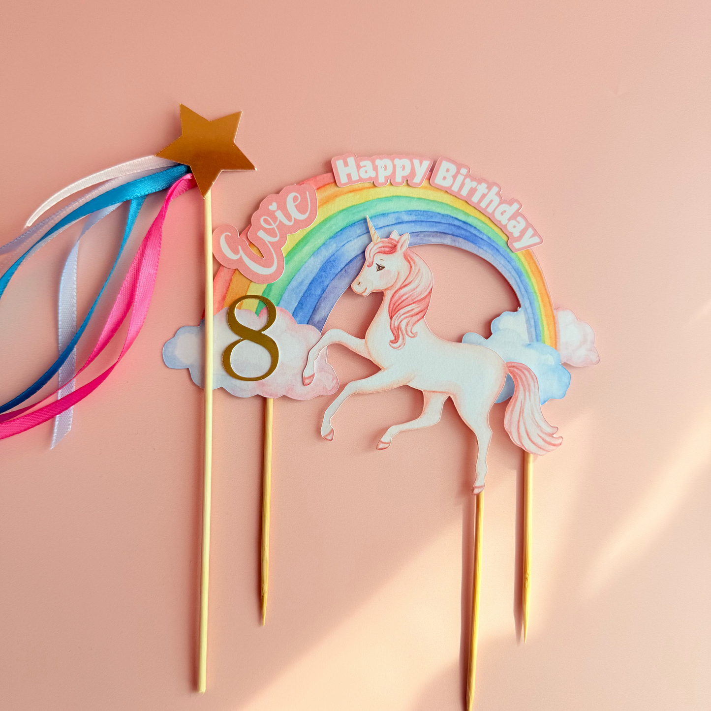 Personalised big rainbow, shooting star and unicorn birthday cake topper