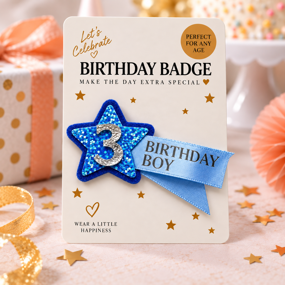 Hand Made Personalised Shooting Star Birthday Badge – Any Age, Name or Message Blue & Silver