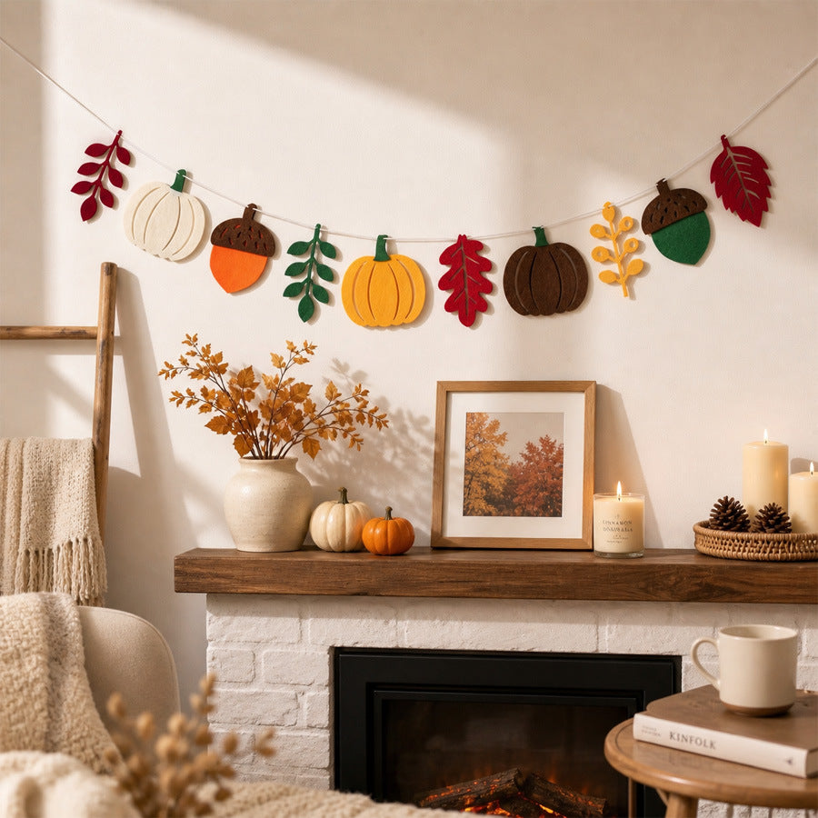 Handcrafted Felt Pumpkin and Leaves Garland For Autumn Harvest Season