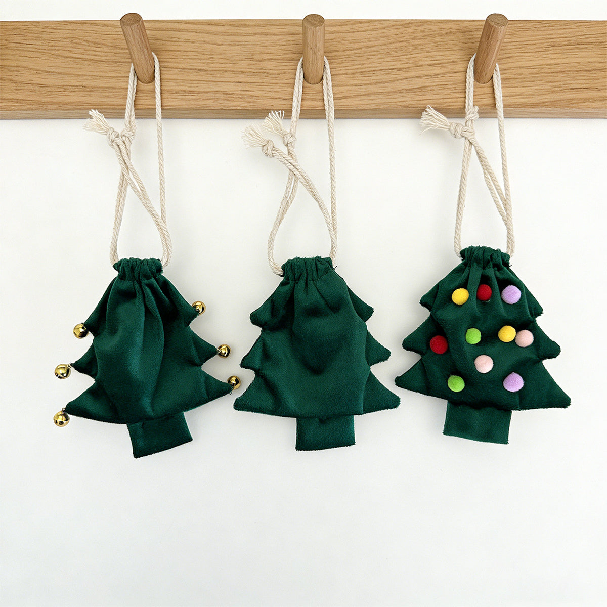 Christmas Tree shaped Pouches with Bell and Pom Pom decorations For Small Gifts, Money or Vouchers