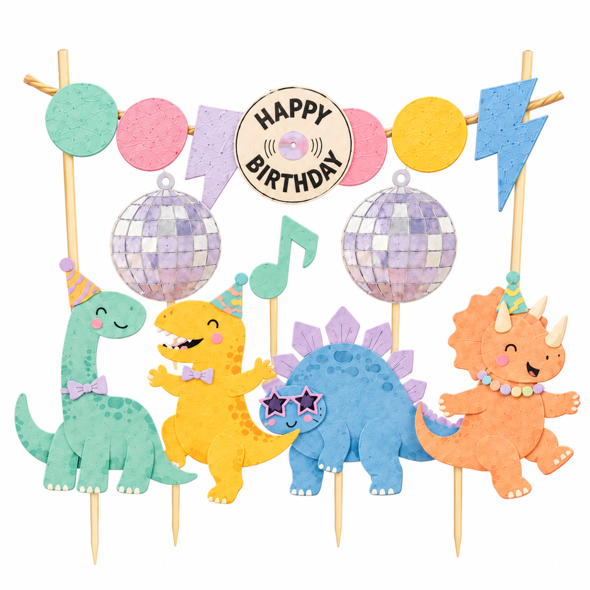 Personalised Disco Dancing Dinosaur Cake Topper Set