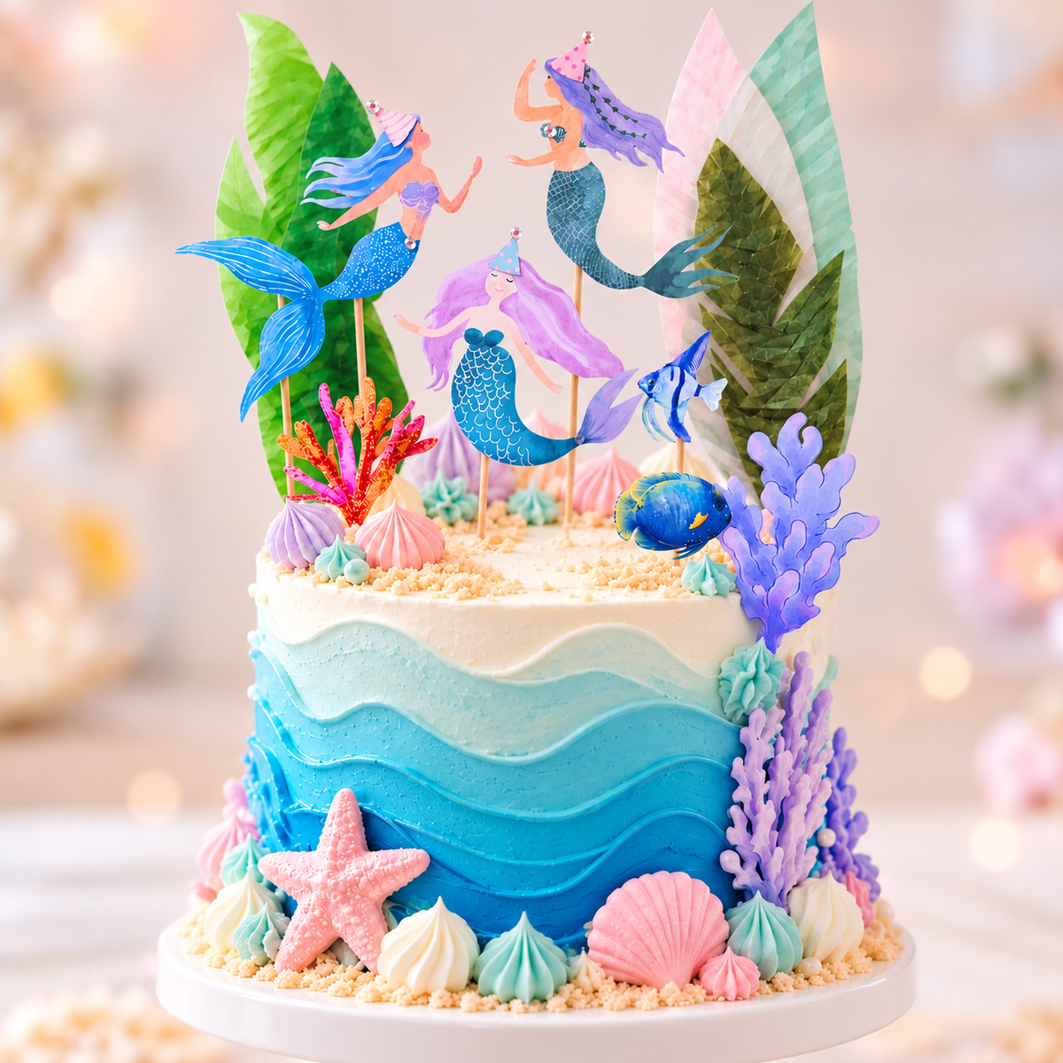 Mermaid Birthday Cake Topper Set, Under the Sea Cake Decorations with Mermaids, Fish & Coral - TheLittleStuff