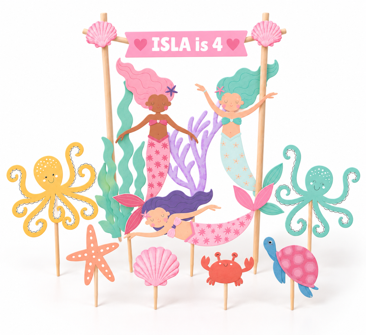Personalised Mermaid Cake Topper Set, Under the Sea Birthday Decorations