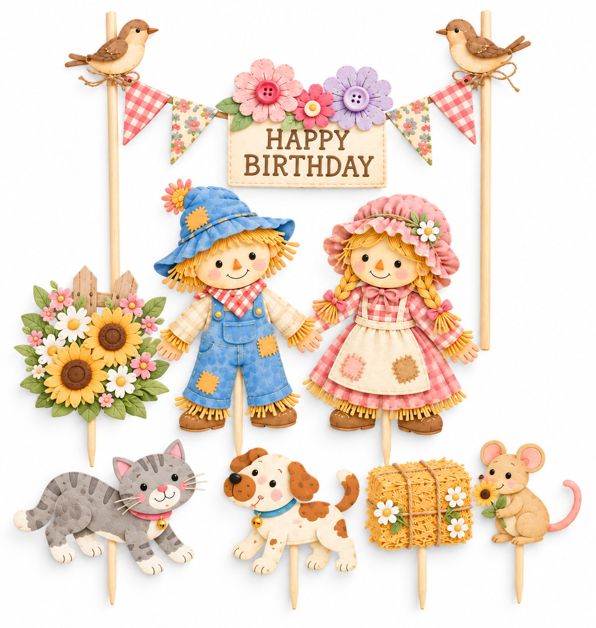 Personalised ScareCrow's Wedding Birthday Cake Topper Set – Cute Illustrated Party Decoration