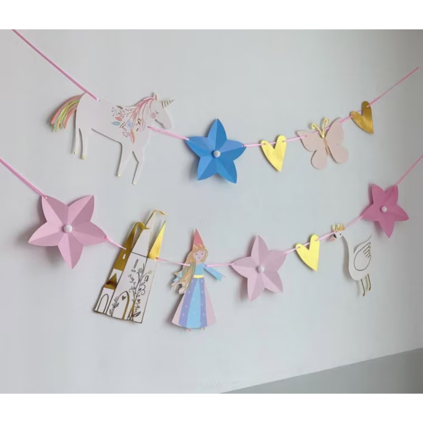 Birthday girl bunting garland white pink gold decoration Disney princess and castle swan unicorn flowers fairy tale style banner