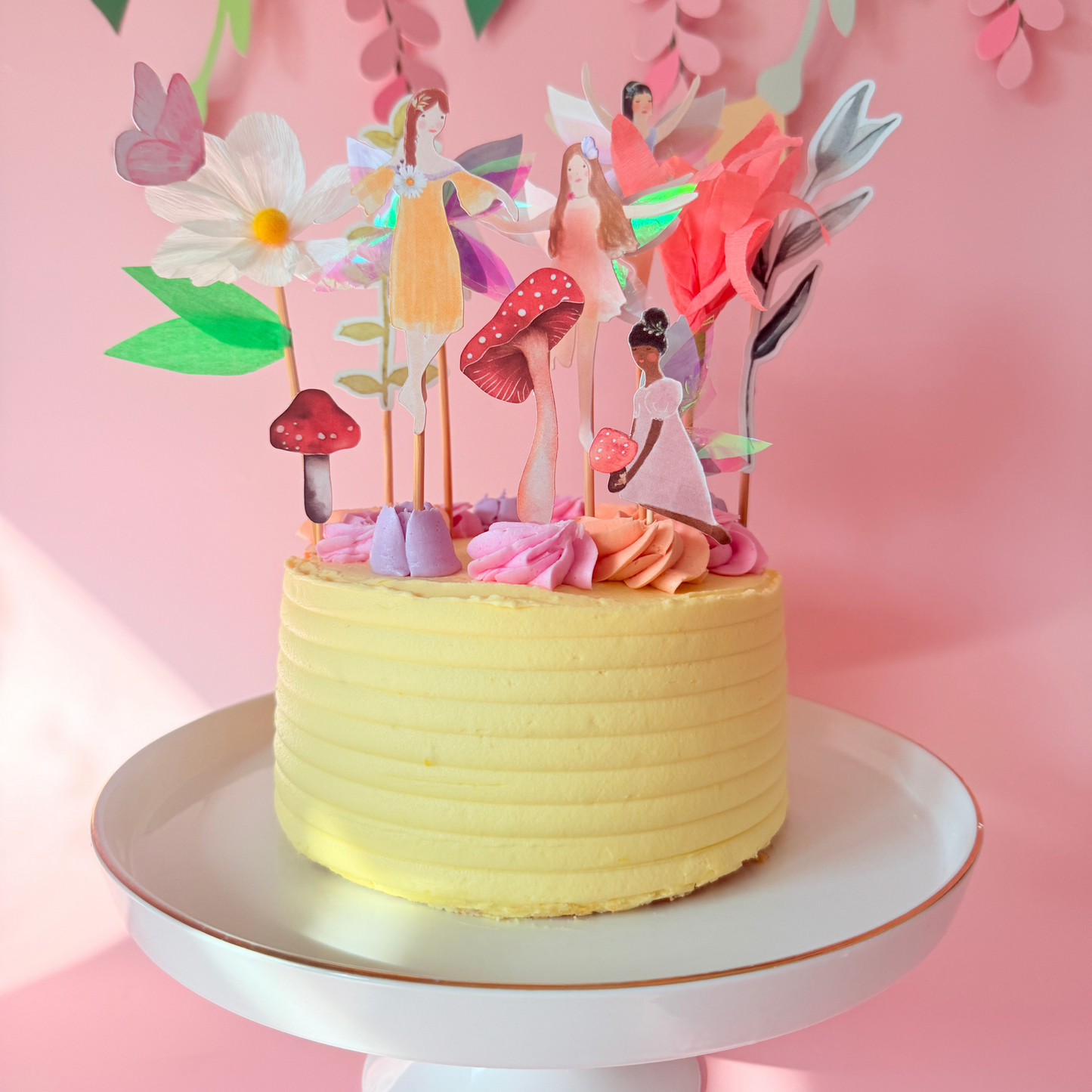 11pcs Whimsical iridescent Fairy Garden Cake Topper Set – Handmade with Paper & Crepe Flowers