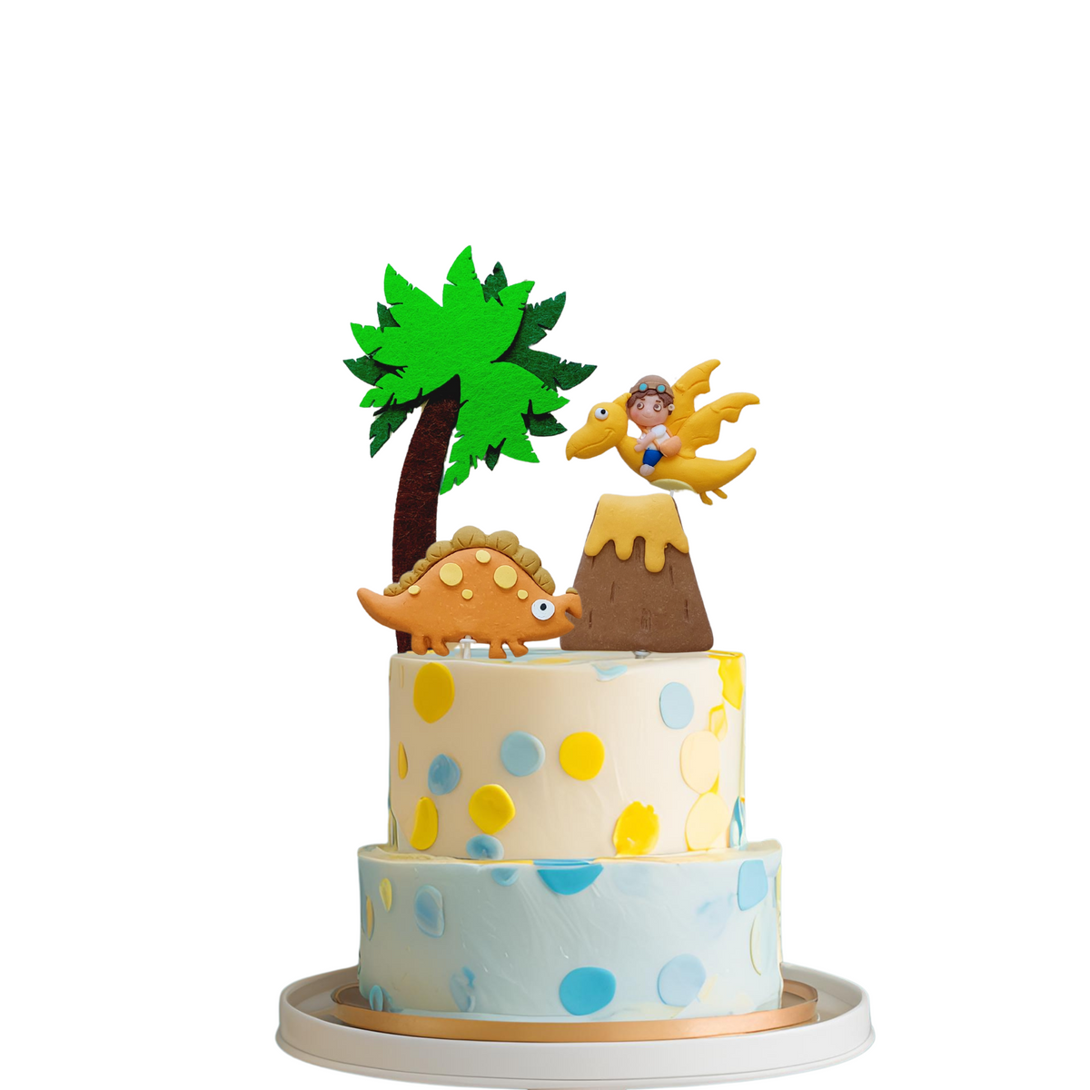 Felt Coconut tree and Clay Volcano Dinosaurs Cake Topper set lifestyle photo