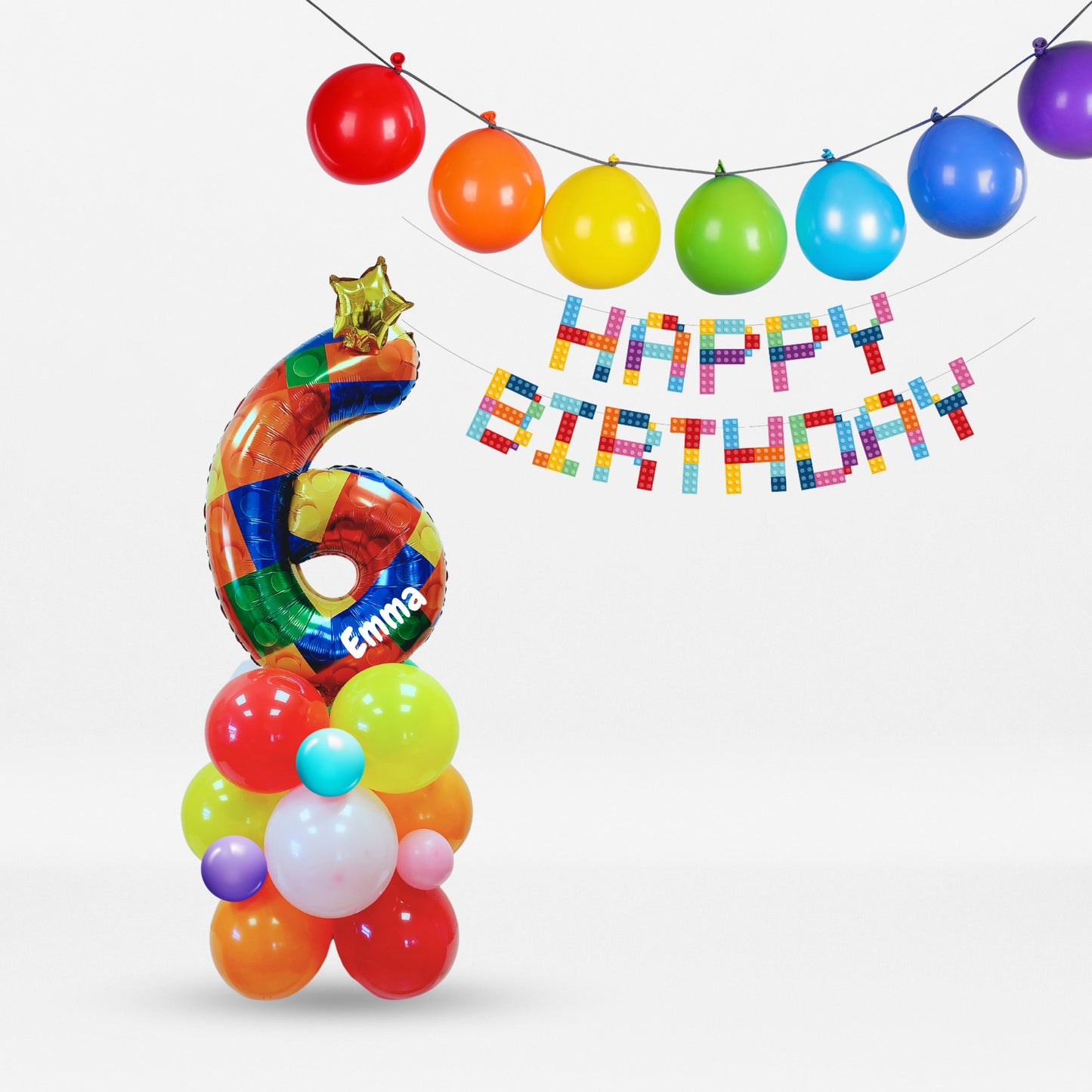 LEGO inspired Rainbow building blocks boys birthday balloon sculpture bouquet