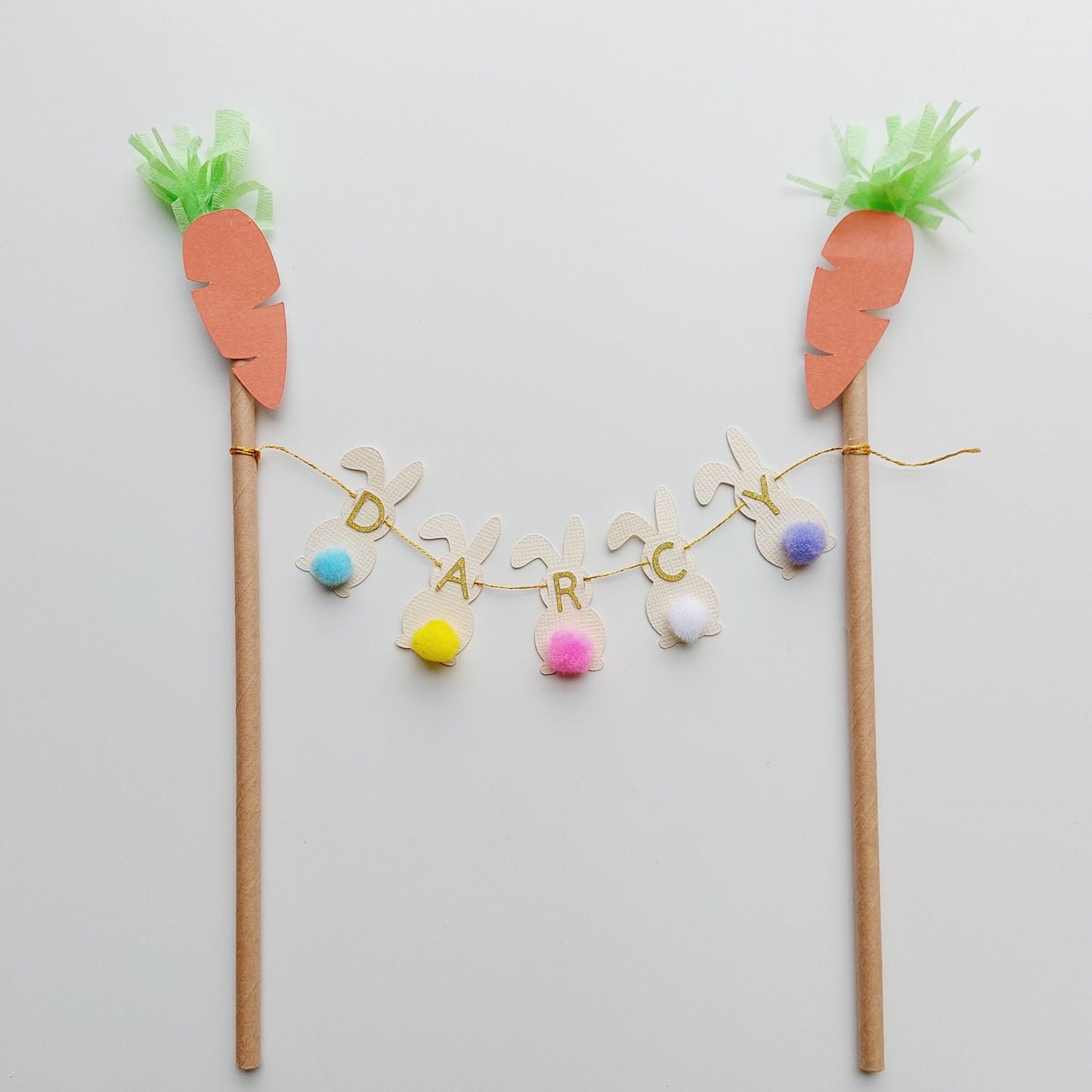 Personalised Pastel Easter rabbits bunny carrots bunting banner cake toppers paper cake decoration girl birthday decoration