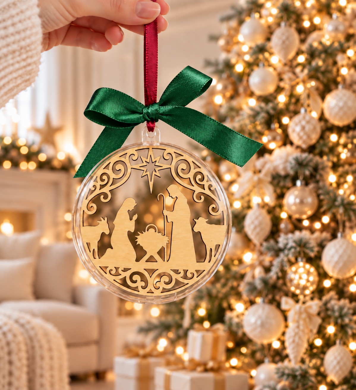 Laser-cut wooden nativity scene Christmas bauble with Mary Joseph and manger in clear round ornament with red ribbon and green bow