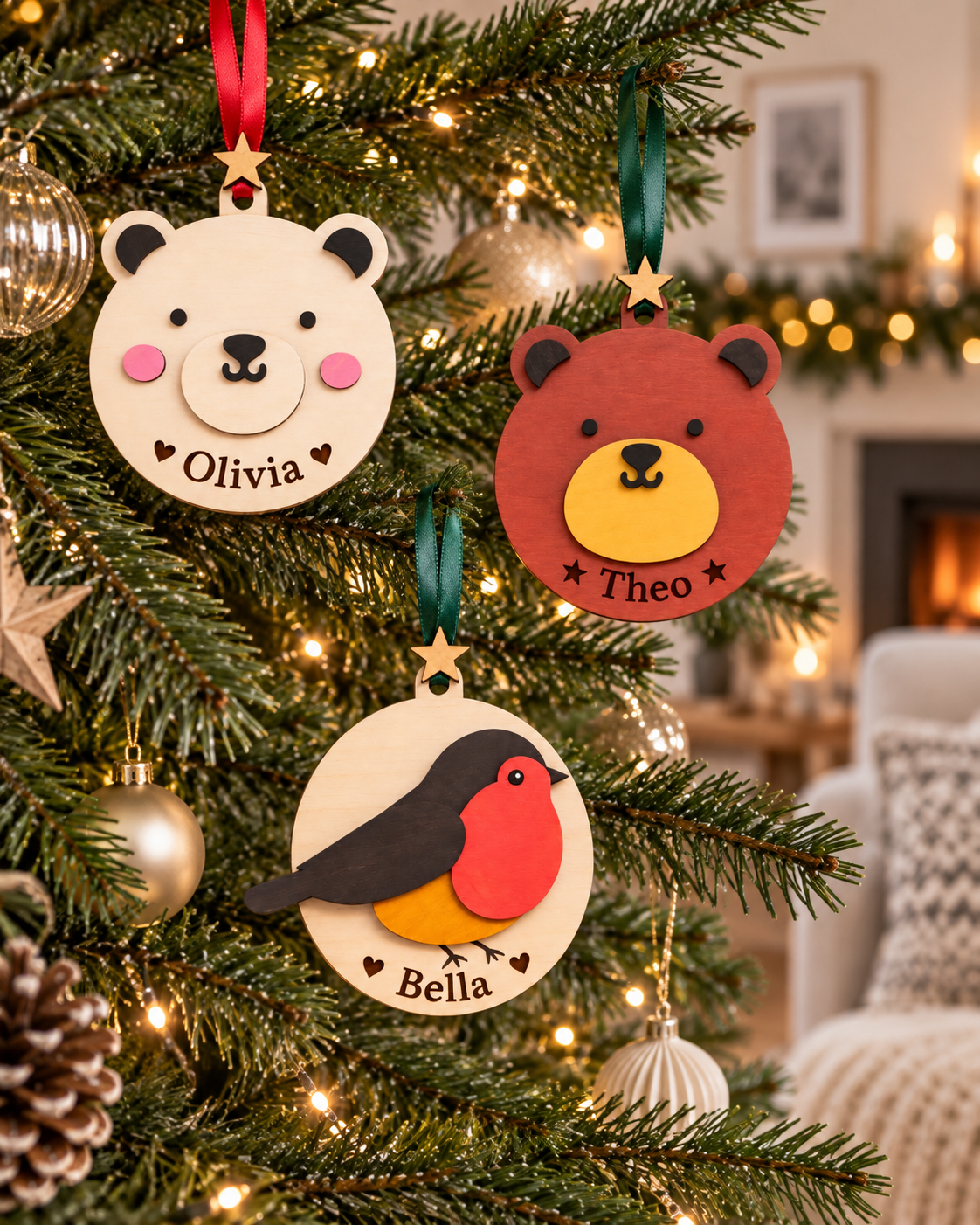 Personalised Christmas baubles hanging on Christmas tree