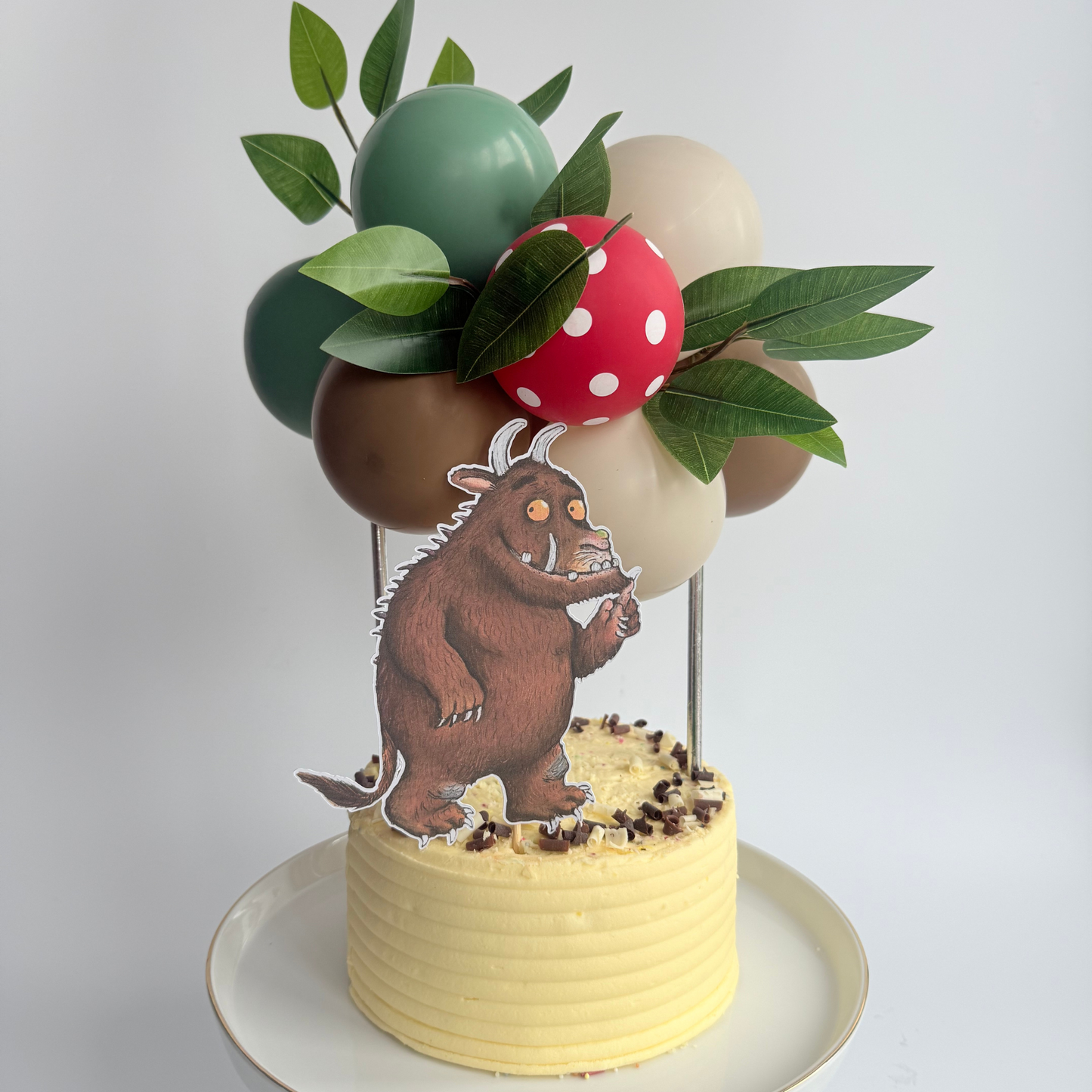 Woodland gruffalo style sage green toffee balloon cake topper
