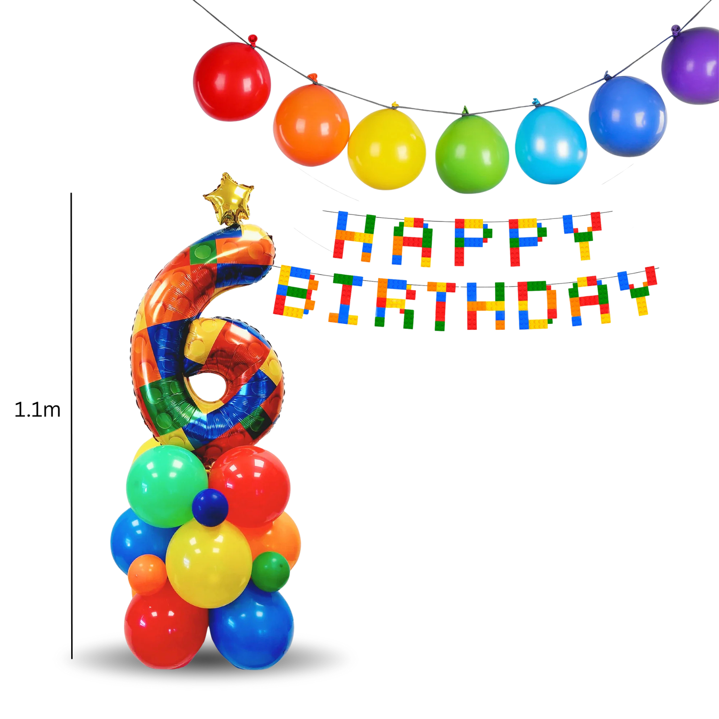 LEGO inspired Rainbow building blocks boys birthday balloon sculpture bouquet