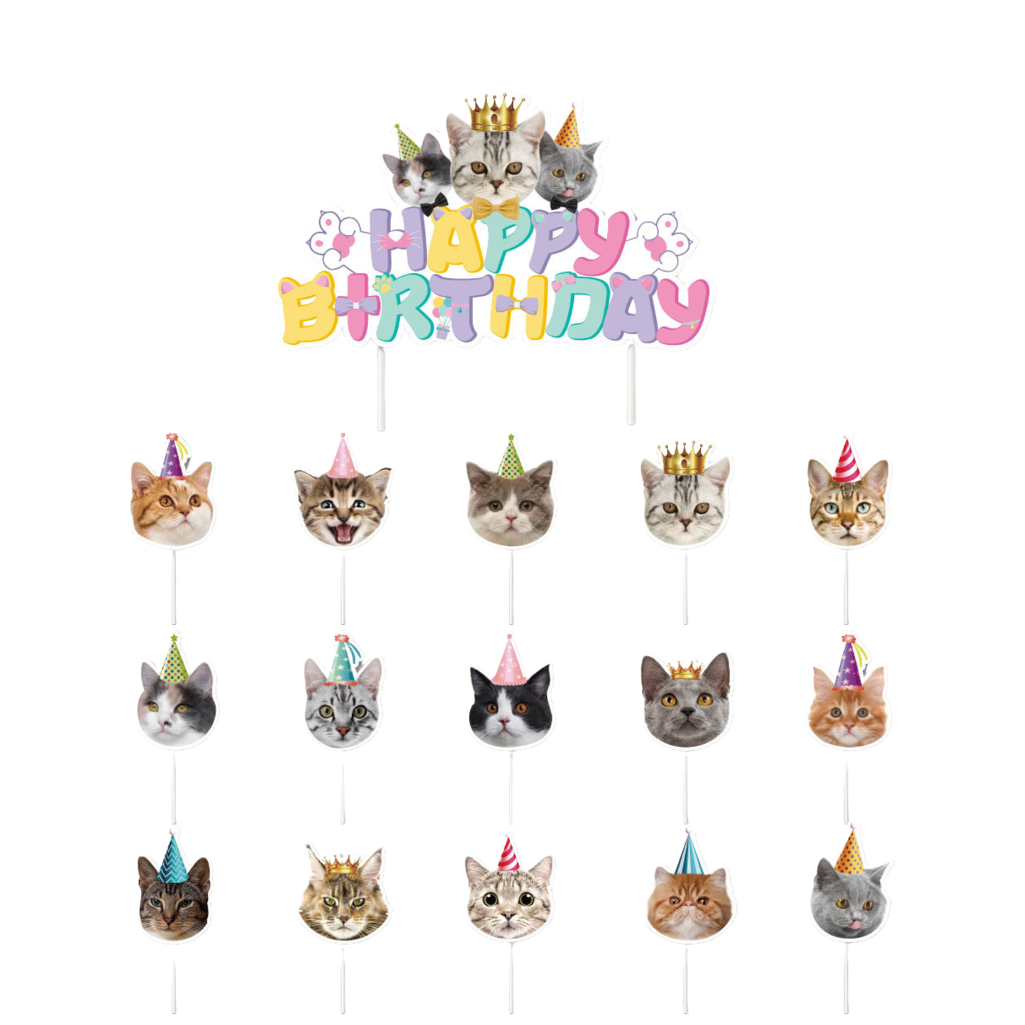 Cute cat themed birthday bunting banner and cake toppers