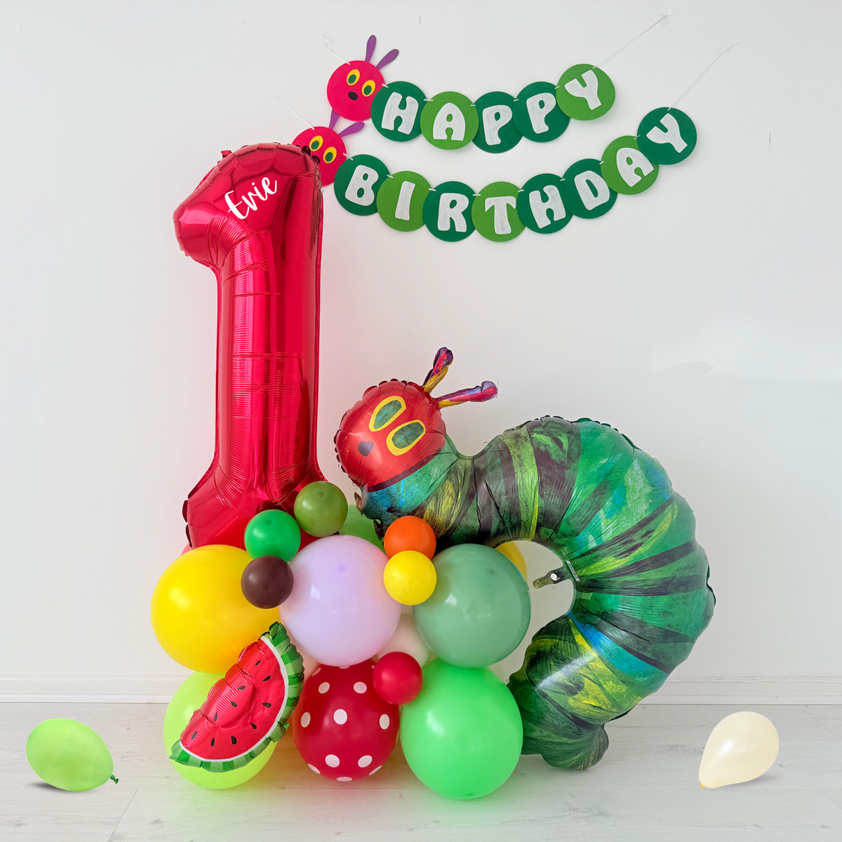 Personalised The Very Hungry Caterpillar balloon bouquet stand 1st 2nd birthday display - TheLittleStuff