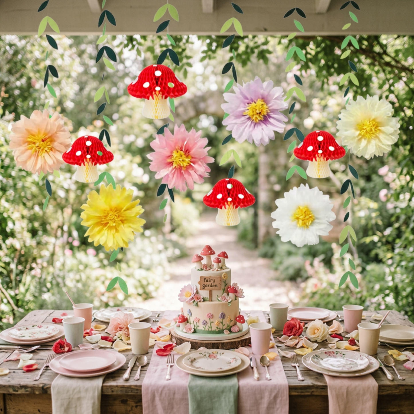 Whimsical Fairy Garden mushroom hanging decoration combo
