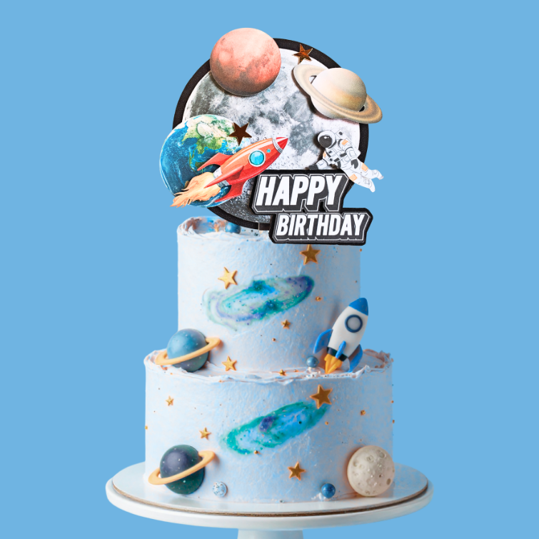 Black and Blue Universe Space Rocket 3D effected cake topper pick handmade
