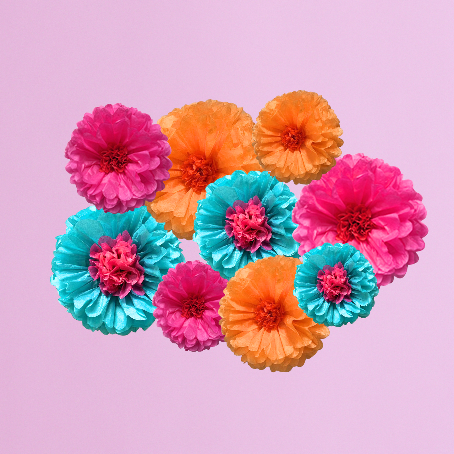 9-pack paper flowers pink orange blue 6-12inch