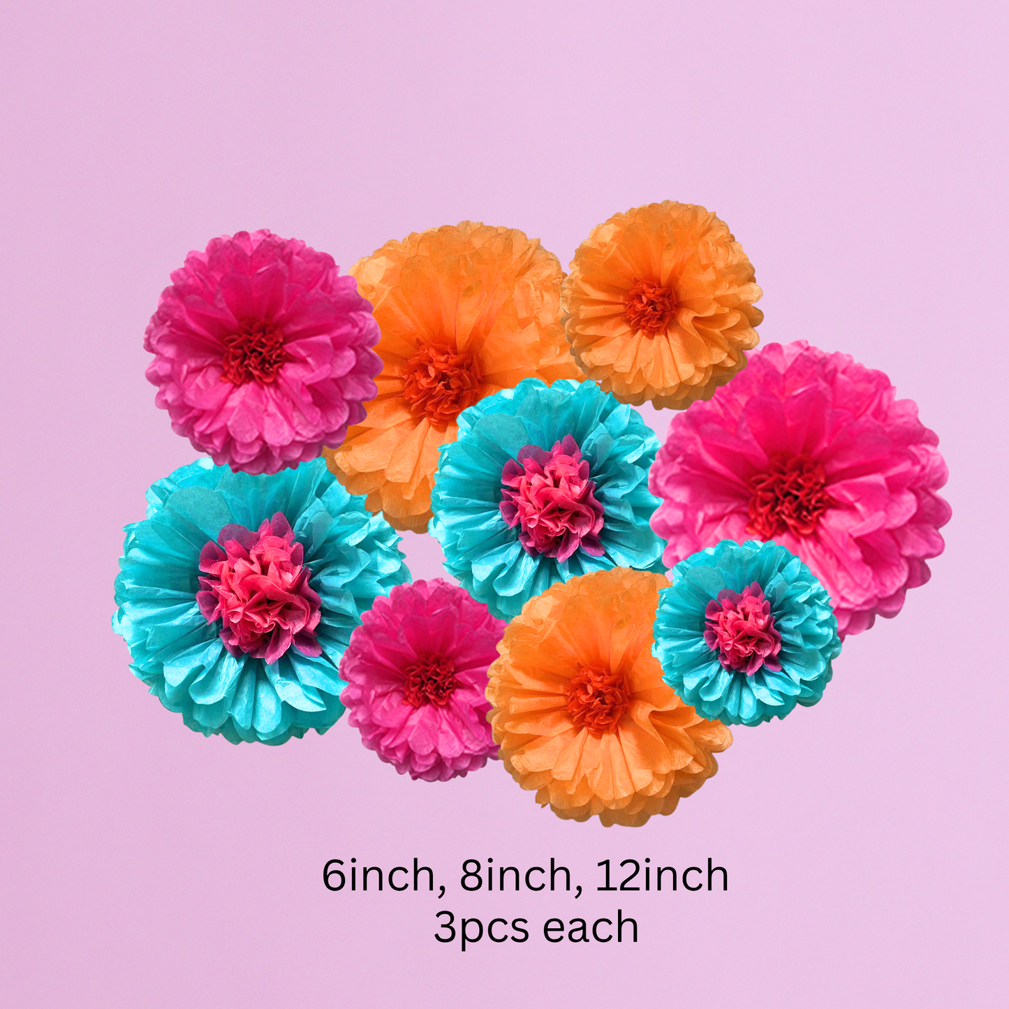 9-pack paper flowers pink orange blue 6-12inch