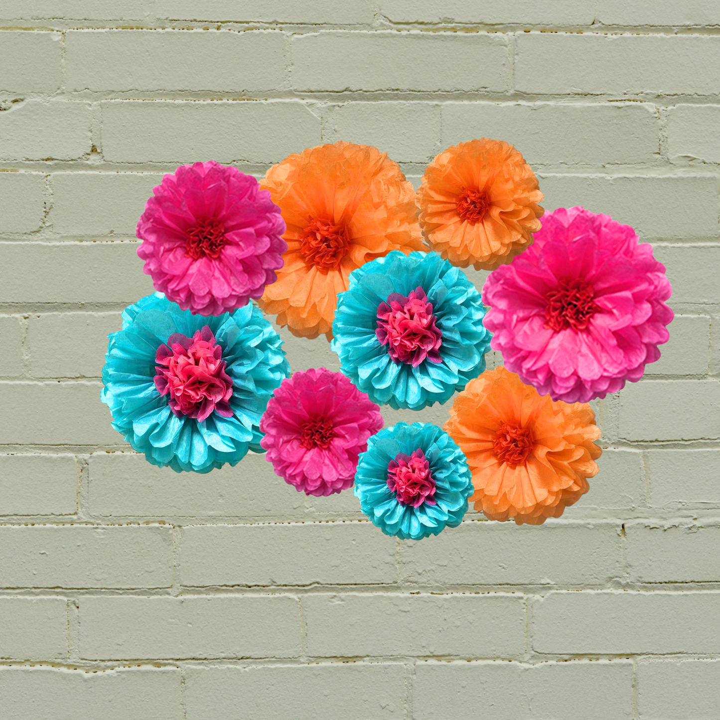 9-pack paper flowers pink orange blue 6-12inch