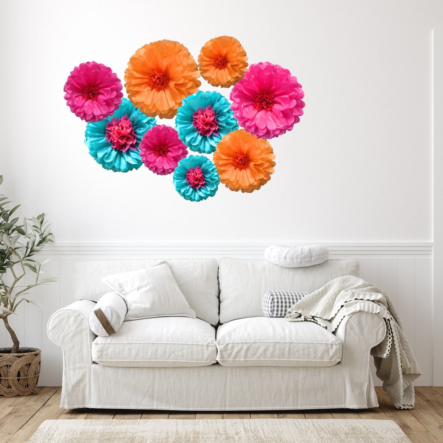 9-pack paper flowers pink orange blue 6-12inch