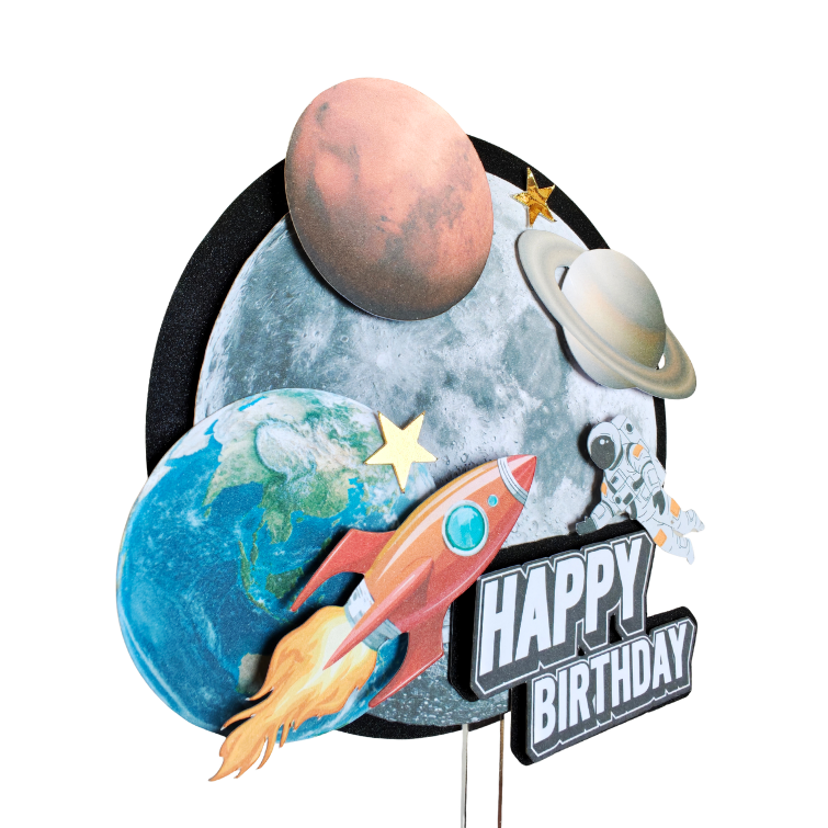 Black and Blue Universe Space Rocket 3D effected cake topper pick handmade