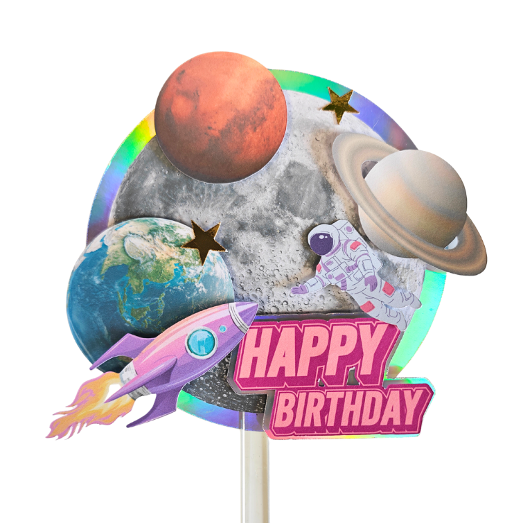 Pink and Purple Universe Space Rocket 3D effected cake topper pick handmade