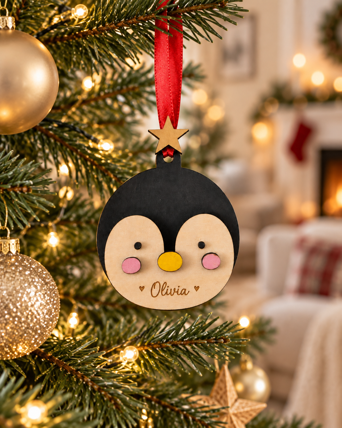 Lifestyle photo of a penguin Christmas bauble on a tree