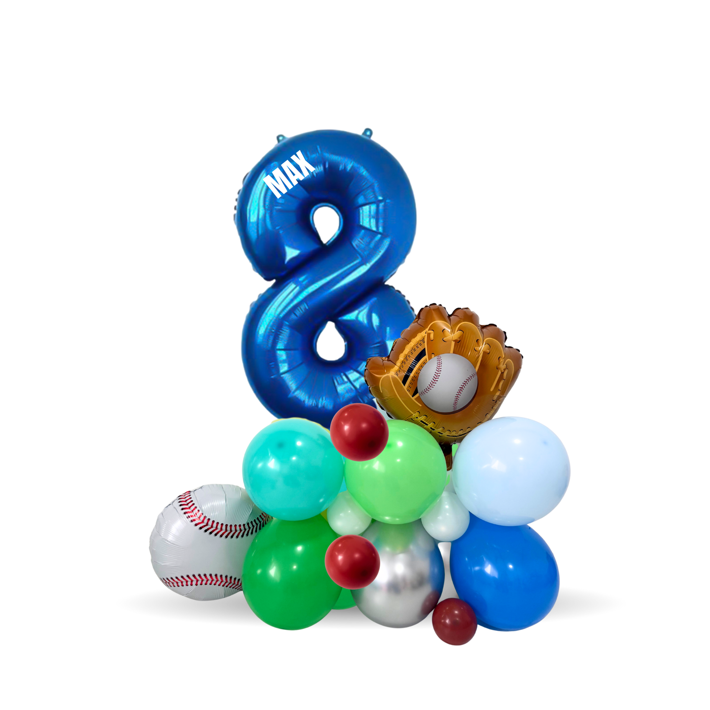 Personalised DIY green blue sports baseball balloon sculpture stack stand