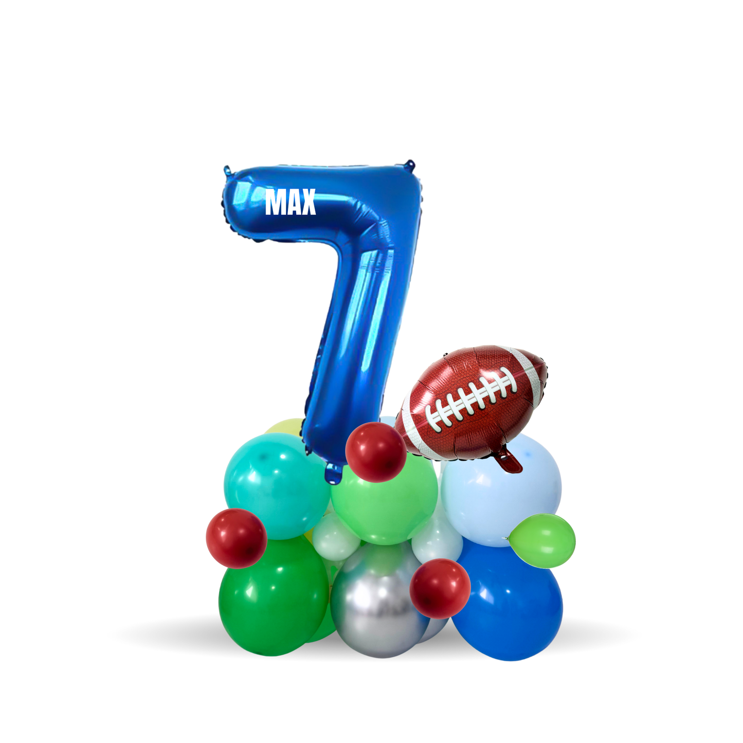 Personalised DIY green blue sports football balloon sculpture stack stand