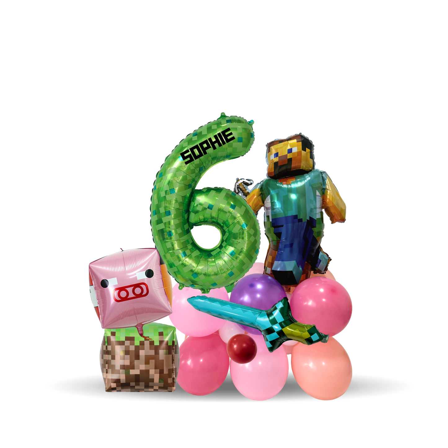 DIY Personalised Minecraft themed party balloon sculpture stack with number balloon girls or boys
