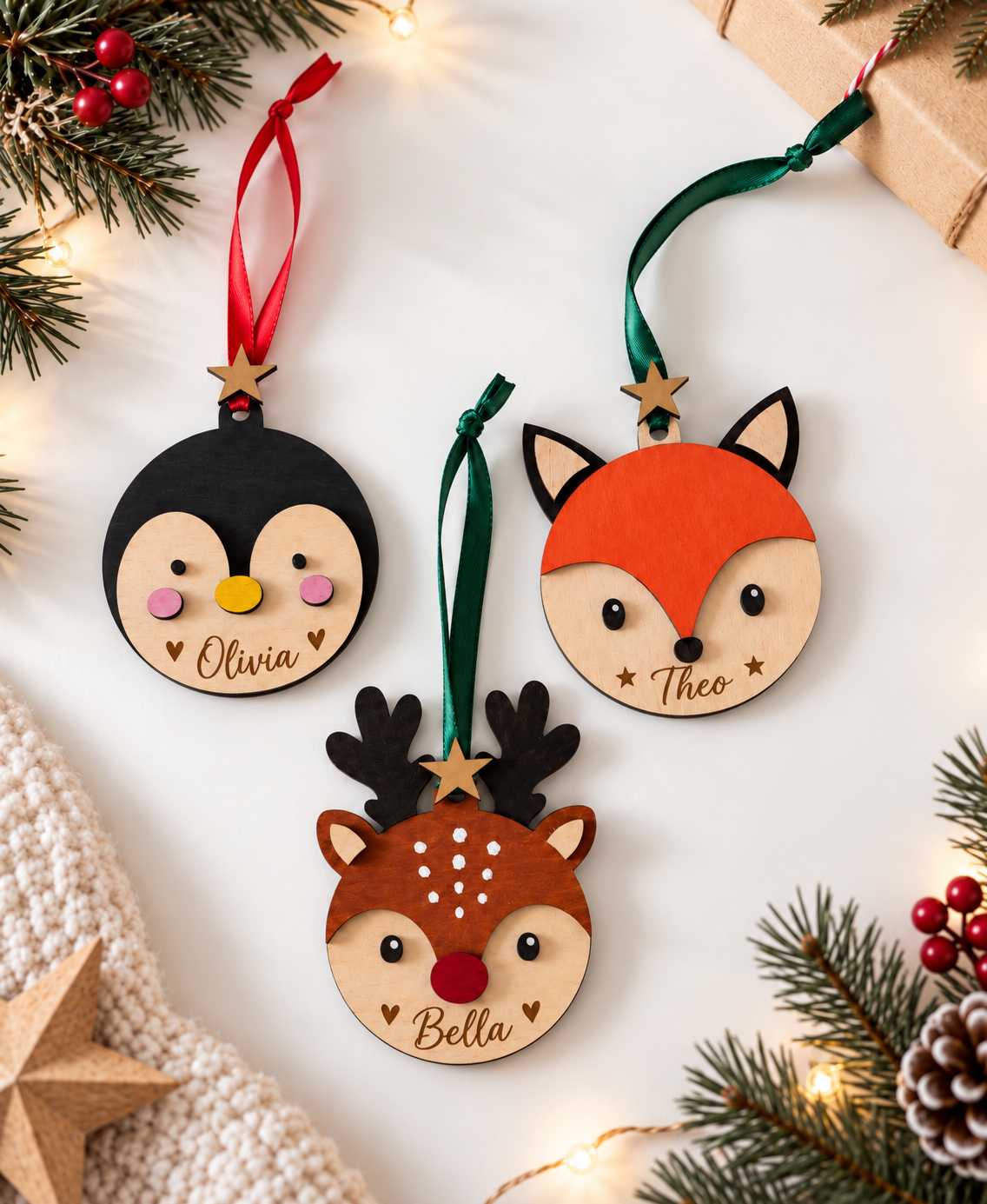 Full group photo of the Penguin, Fox and Reindeer Face Christmas baubles