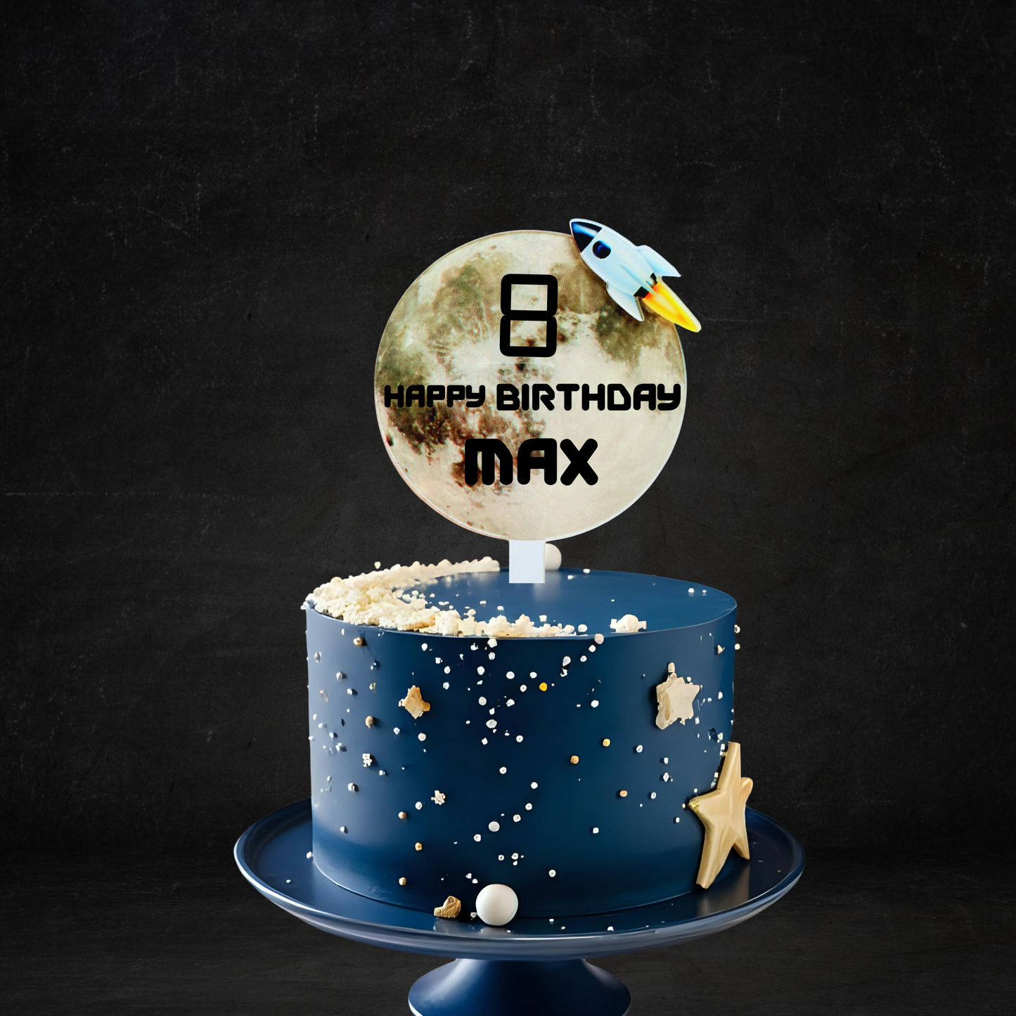 Personalised moon space rocket Cake Topper birthday decor 10cm