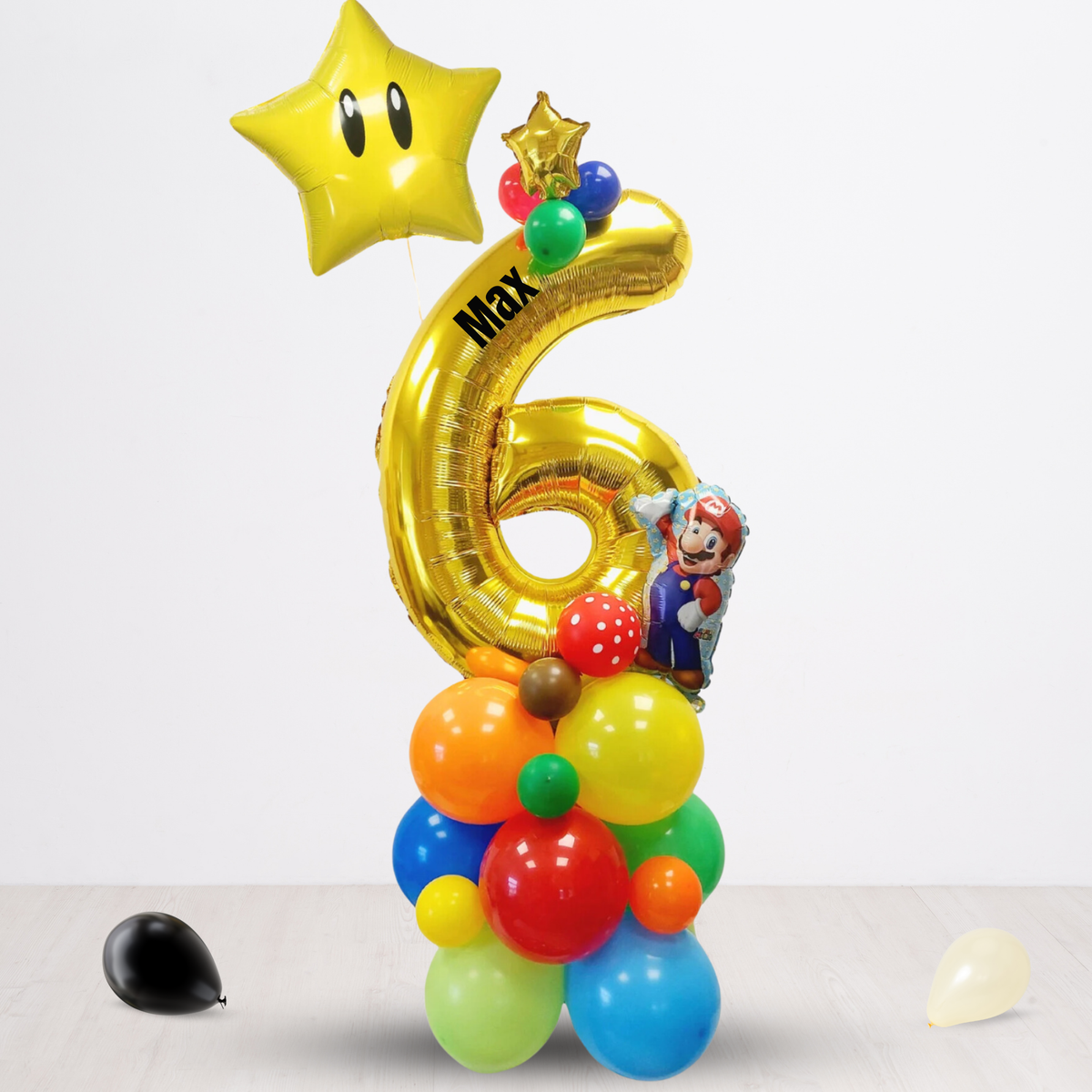 Personalised super Mario rainbow mushroom star balloon stack bouquet girls boys kids children adults display 40inch gold number sculpture - TheLittleStuff