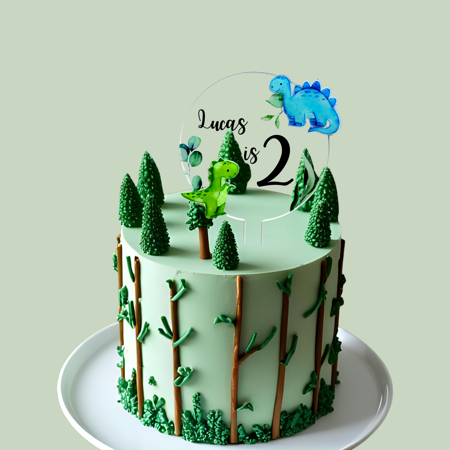 Personalised green dinosaur forest animal Cake Topper birthday decor 10cm