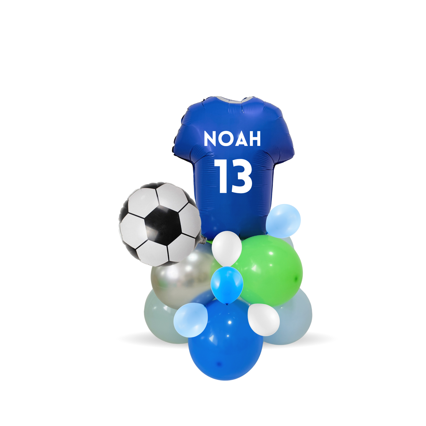 Personalised DIY green and blue sports football T shirt balloon sculpture stack stand
