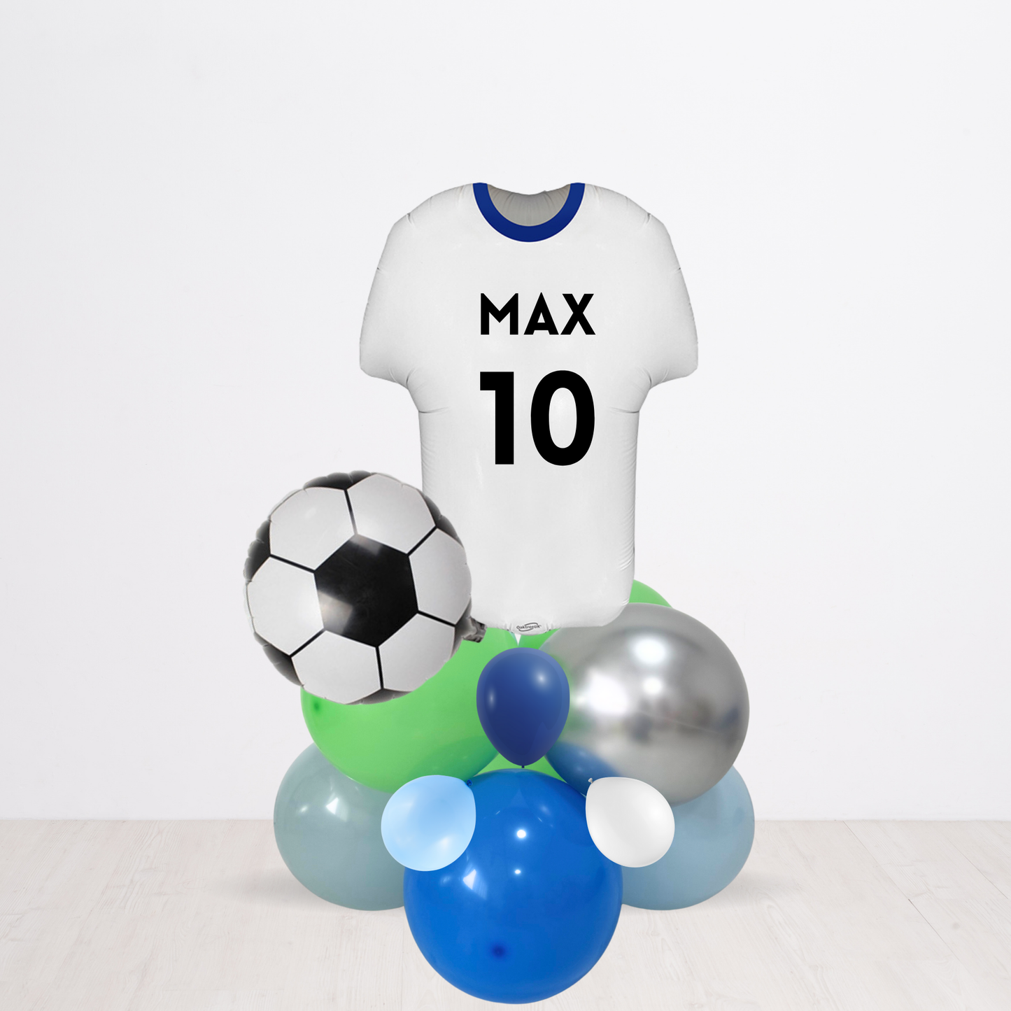 Personalised DIY green and blue sports football T shirt balloon sculpture stack stand