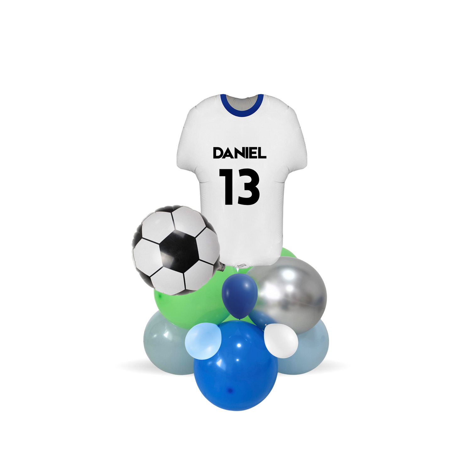 Personalised DIY green and blue sports football T shirt balloon sculpture stack stand