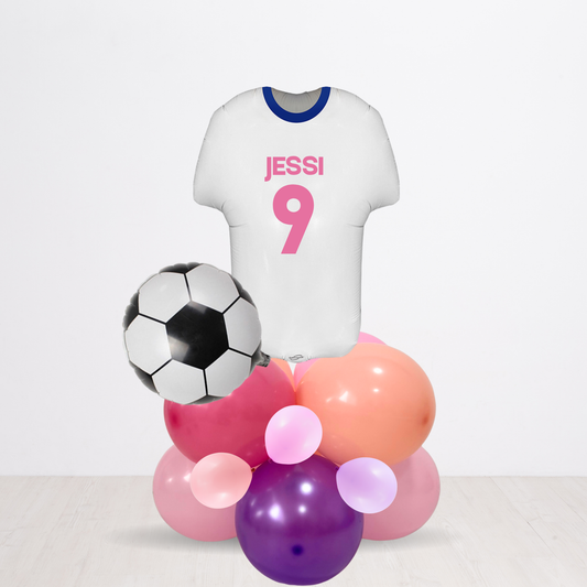 Personalised DIY pink and purple sports football T shirt balloon sculpture stack stand