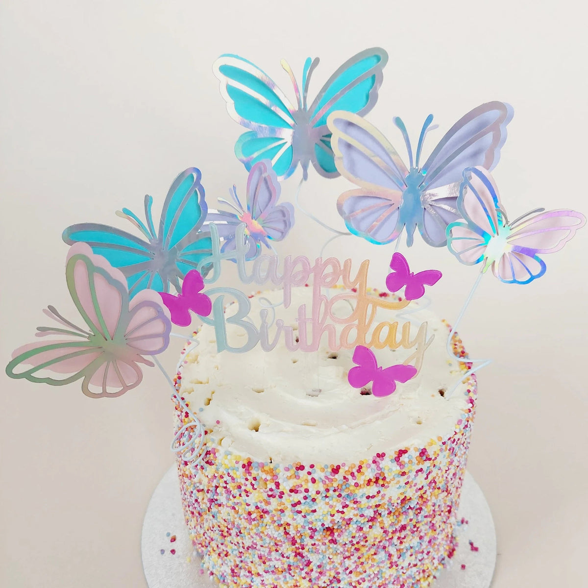 Iridescent butterfly cake toppers pink rainbow happy birthday acrylic cake product photo 2
